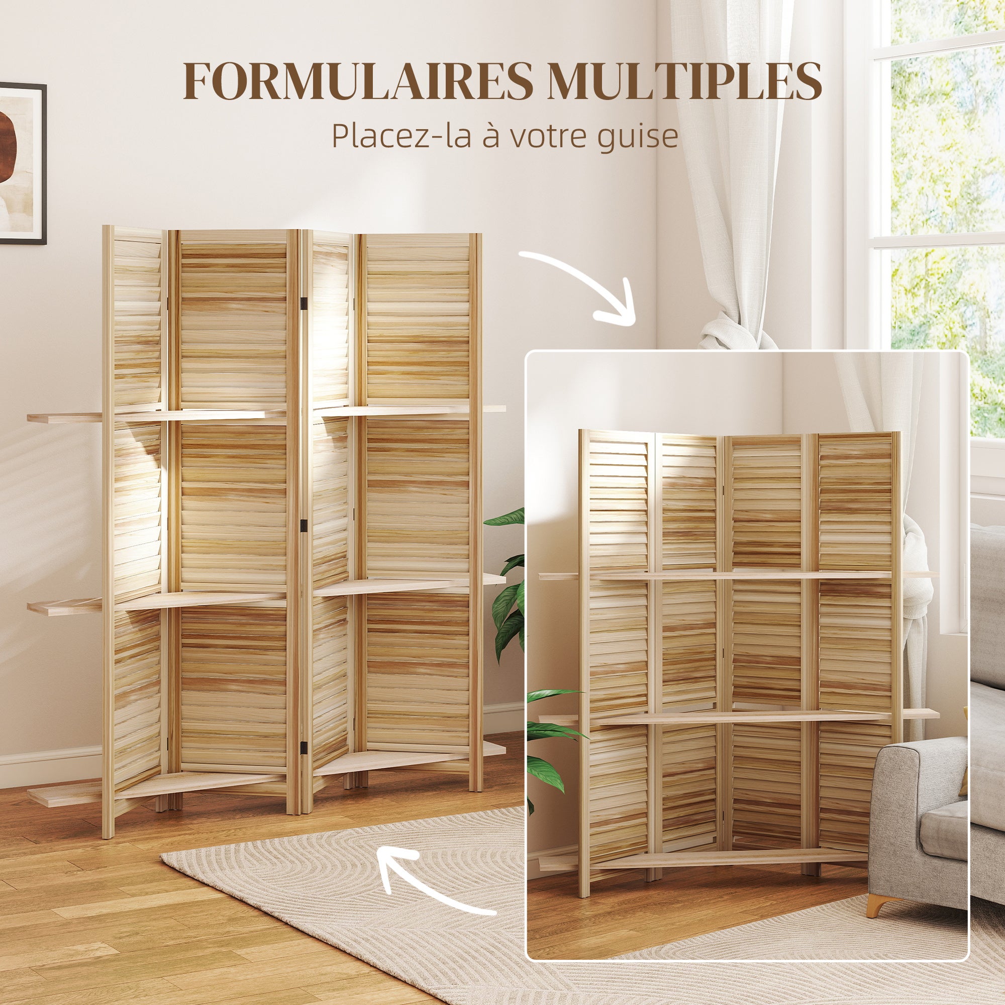 Paravent intérieur en bois 4 panneaux 160x170cm,séparateur de pièce pliable avec 3 étagères,bois naturel - 9