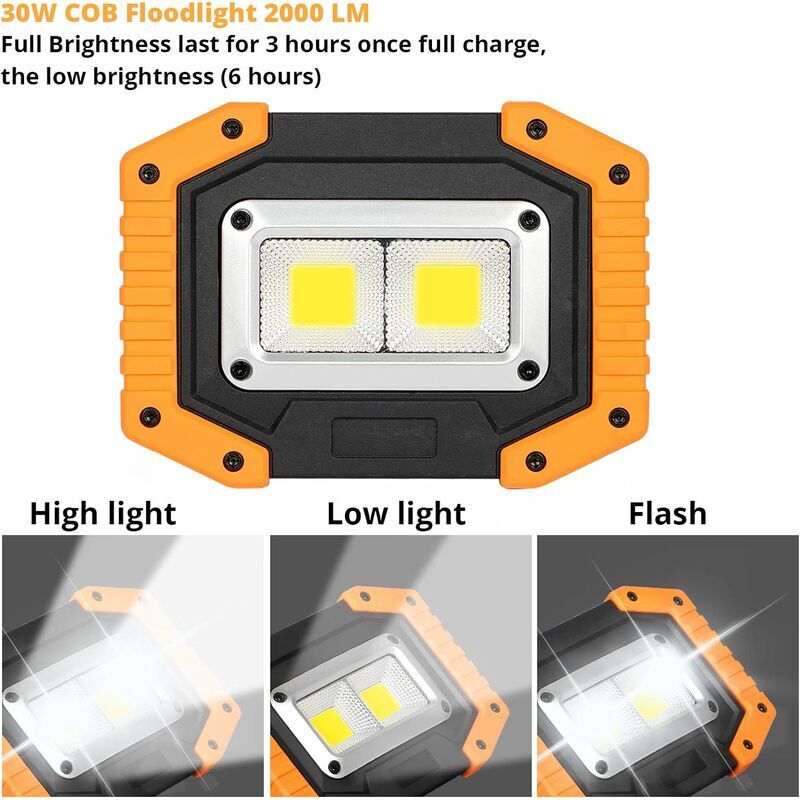 2 Projecteur de Chantier LED, USB Rechargeable Lampe de Travail 30W 2000LM - Luminaire extérieur avec 4 18650 Batteries, IP65 Imperméable Lumière - 3