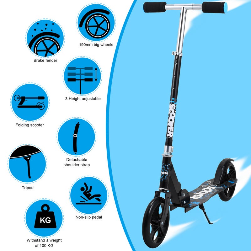 Trottinette pour enfants pliable trottinette de ville scooter réglable en hauteur Cadeau pour enfants Noir Bleu - 2