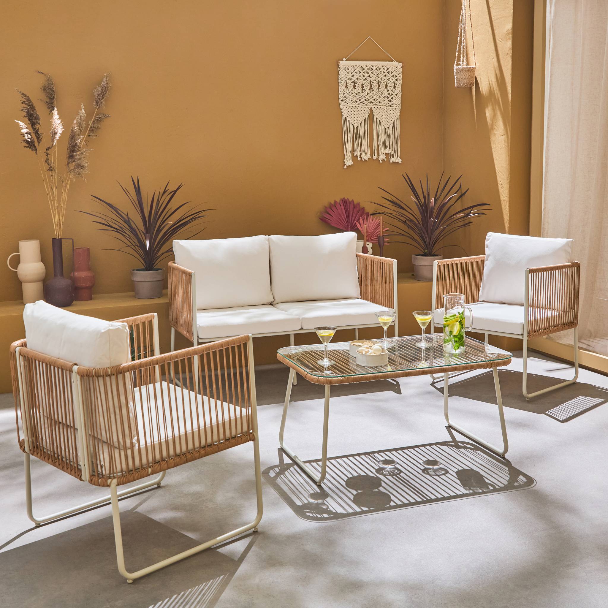 Conjunto de jardín, ratán y acero, 4 plazas Natural - 115x60x68 cm - 2