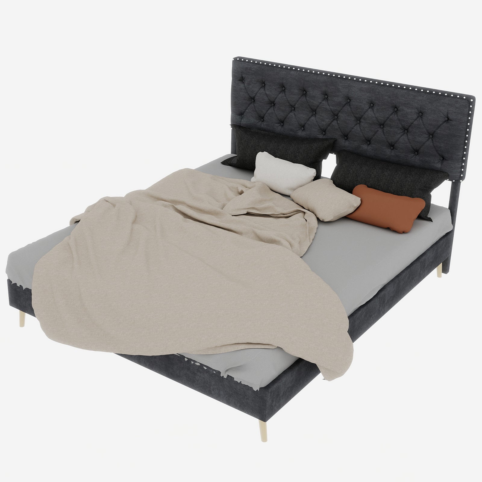 Letto matrimoniale 160x200 cm, doghe in legno, testiera, velluto grigio, senza materasso - 7