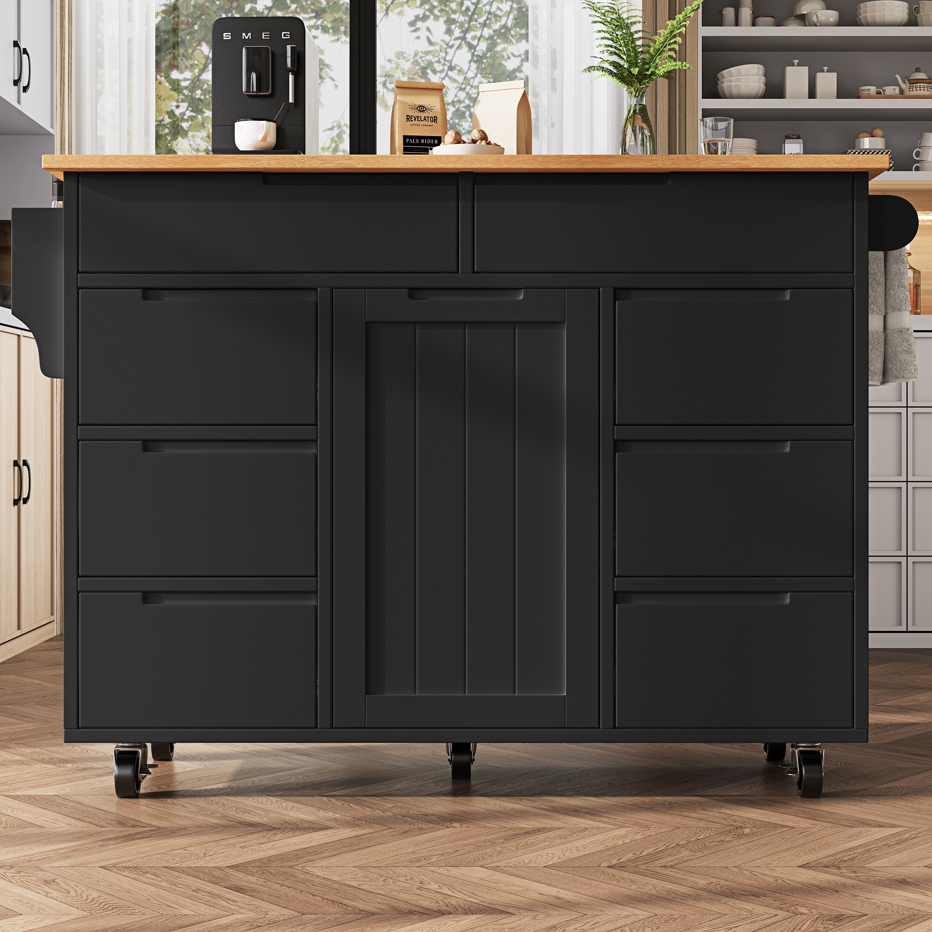 Ilot central de cuisine mobile - Plateau extensible - 8 tiroirs et 1 porte - Avec étagère à épices - MDF - Noir - 3