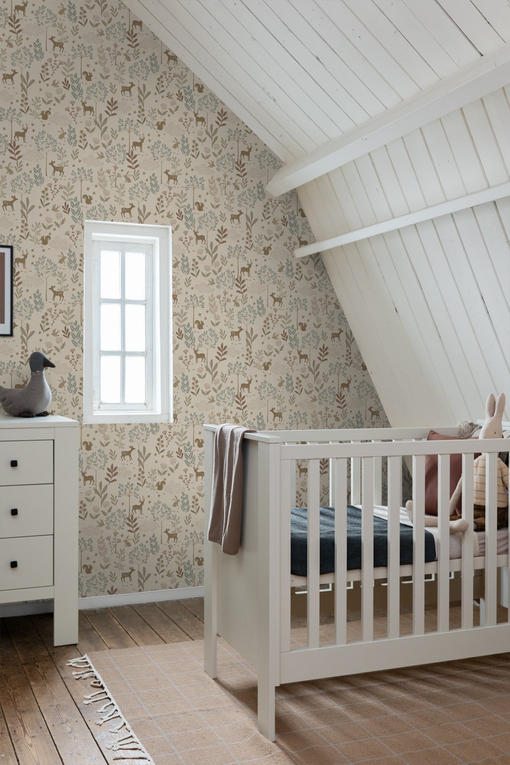 Papier peint forêt avec des animaux de la forêt beige et vert - 53 cm x 10.05 m - ESTAhome - 5