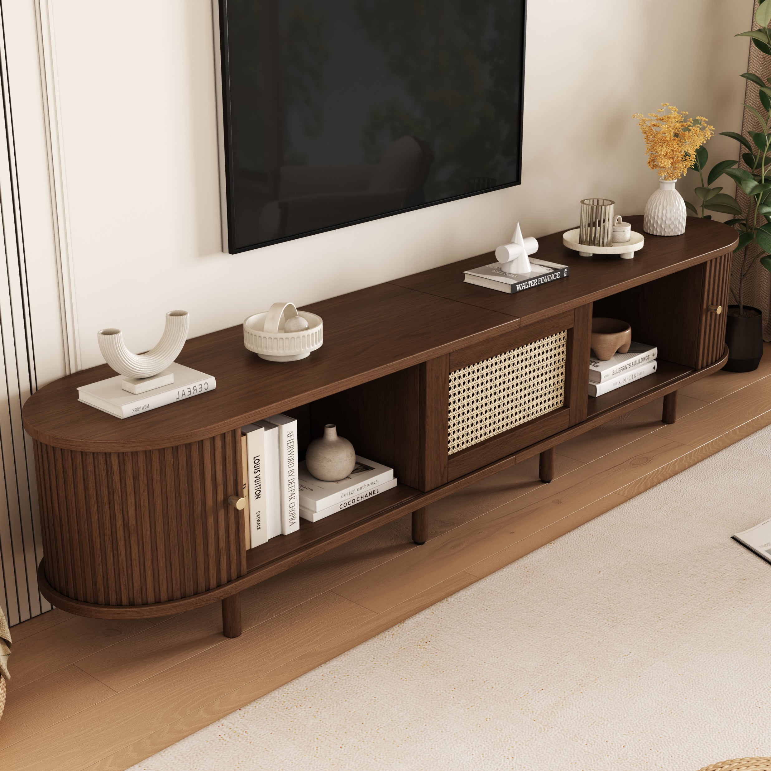 Owalna szafka RTV z 2 drzwiami przesuwnymi i 1 szufladą rattanową - 180 x 40 x 40 cm - drewno MDF - ciemny orzech - 5