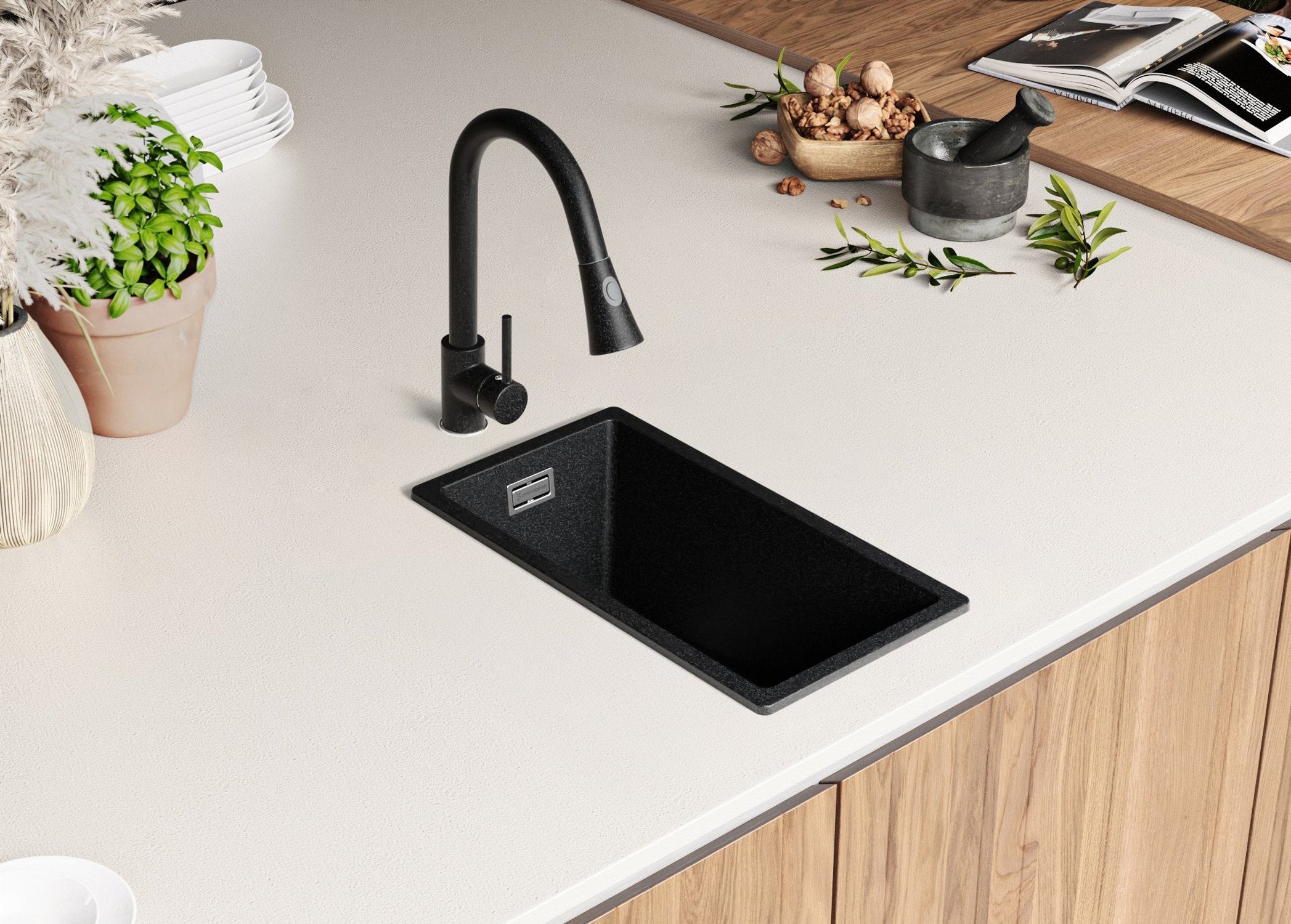 Evier Cuisine en Granit Graphite 26x47cm, Lavabo 1 bac + Kit de Vidage, Évier à Encastrer au meuble 30cm - London Slim PRIMAGRAN - 8