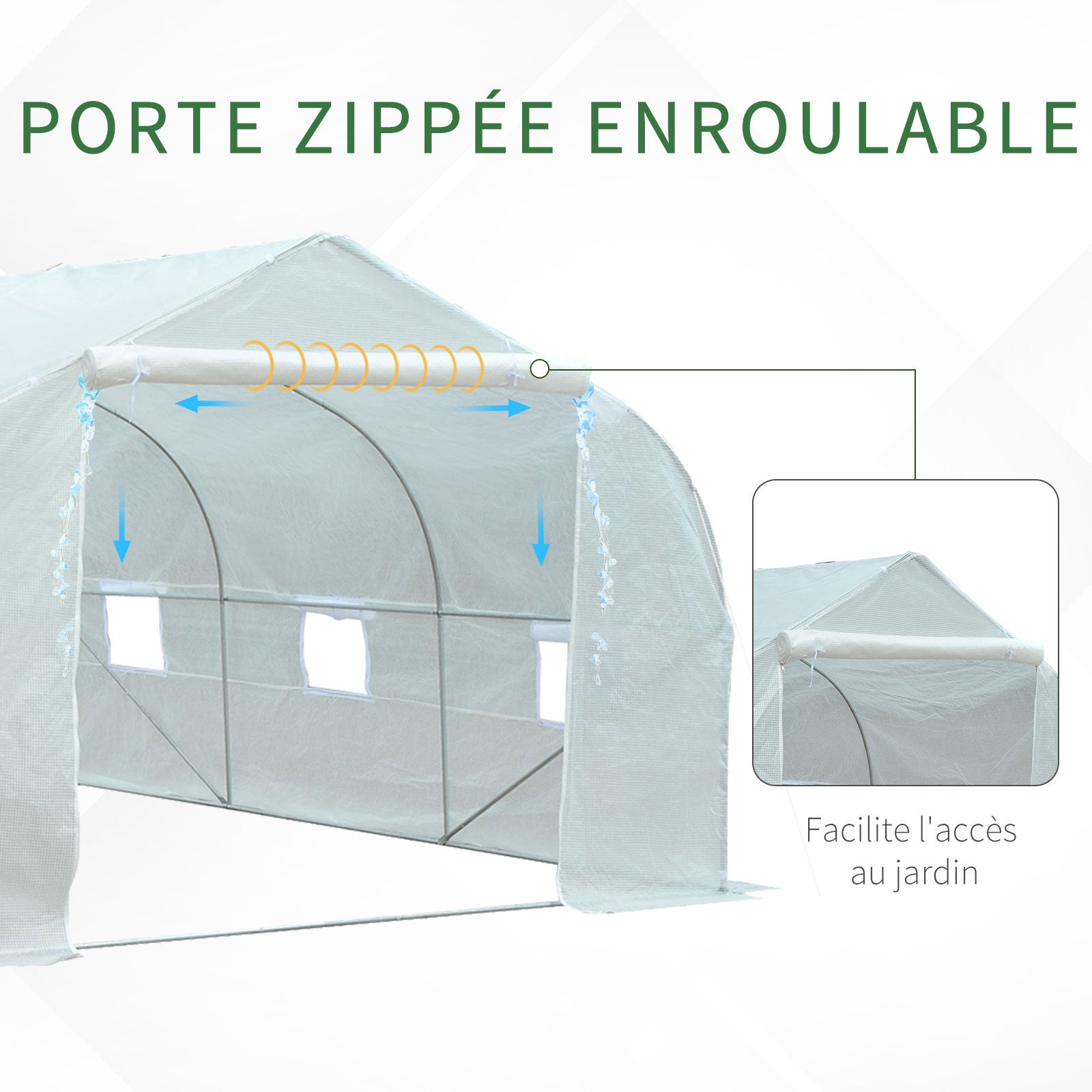 Serre Tunnel de Jardin 13,35 m² dimensions 4,5L x 3l x 2H m Porte + 6 fenêtres enroulables Acier galvanisé bâche PE Haute densité Blanc - 8