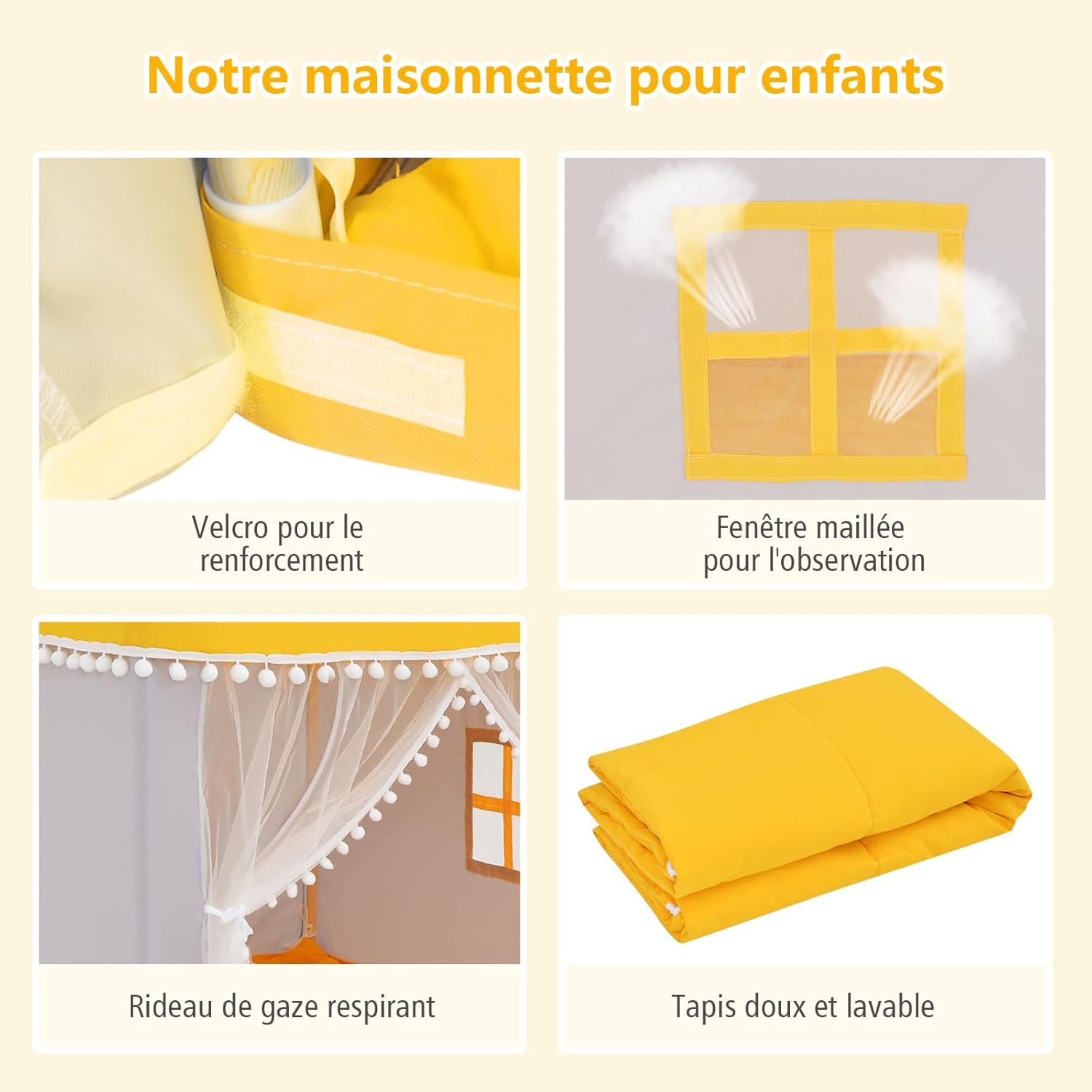 Tenda da Gioco Casetta per Bambini, Castello Giocattolo in Legno Cotone, con Struttura Stabile e Finestre Traspirabili, 105x120x140 cm (Giallo - 8