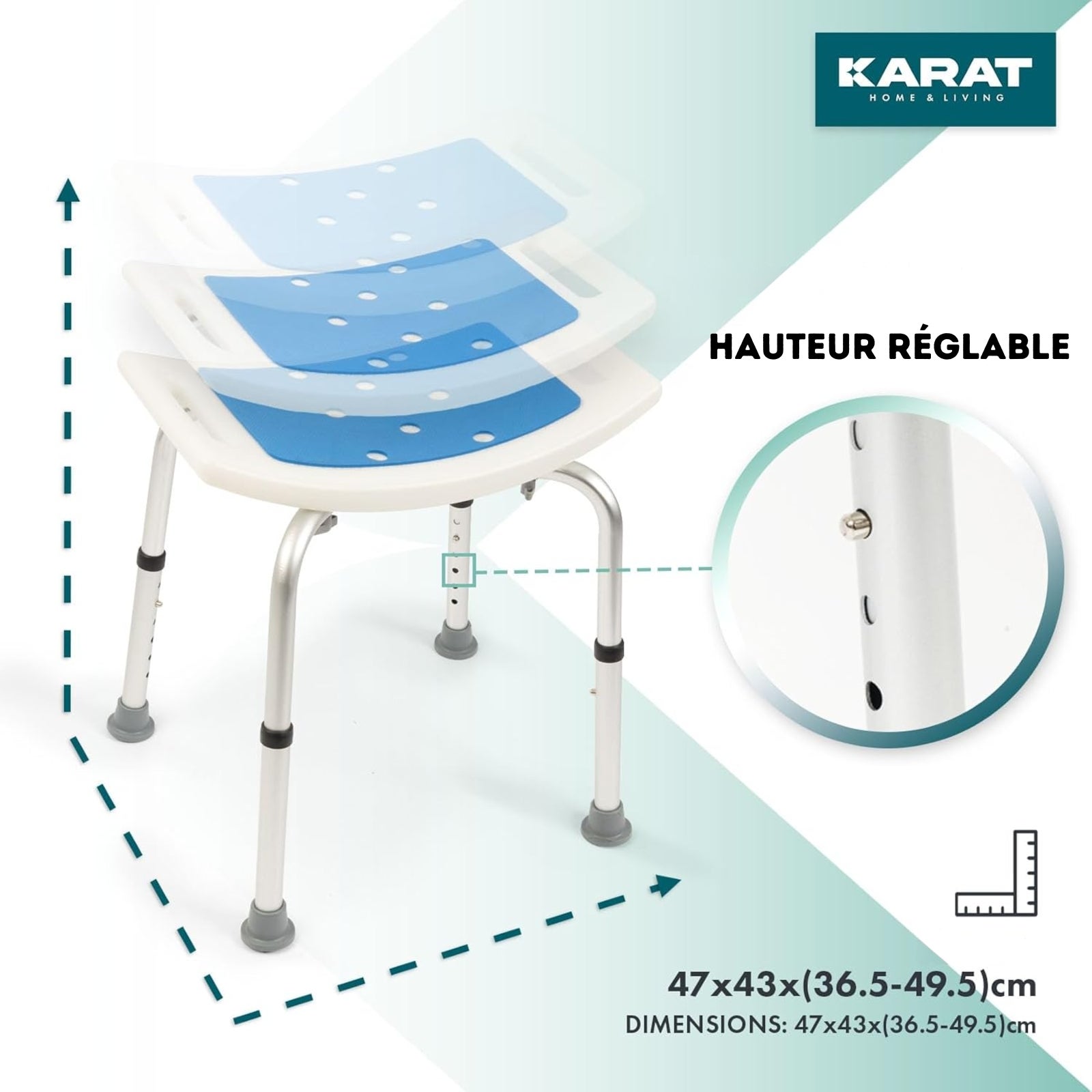 Tabouret de douche et de bain Noah Réglable en hauteur Facile à&nbsp; nettoyer Pieds en caoutchouc antidérapant Peut supporter jusqu'à&nbsp; 136 kg - 4