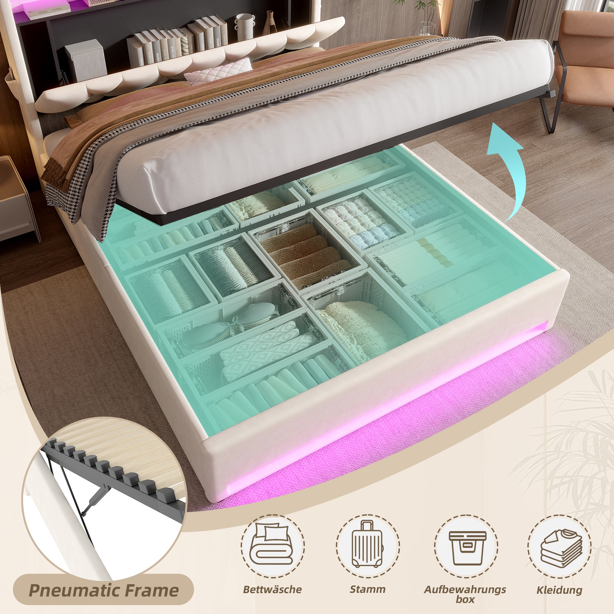 Lit coffre 140x200 cm avec LED, ports USB-C, tête de lit avec rangements, ouverture hydraulique, sans matelas, beige - 8
