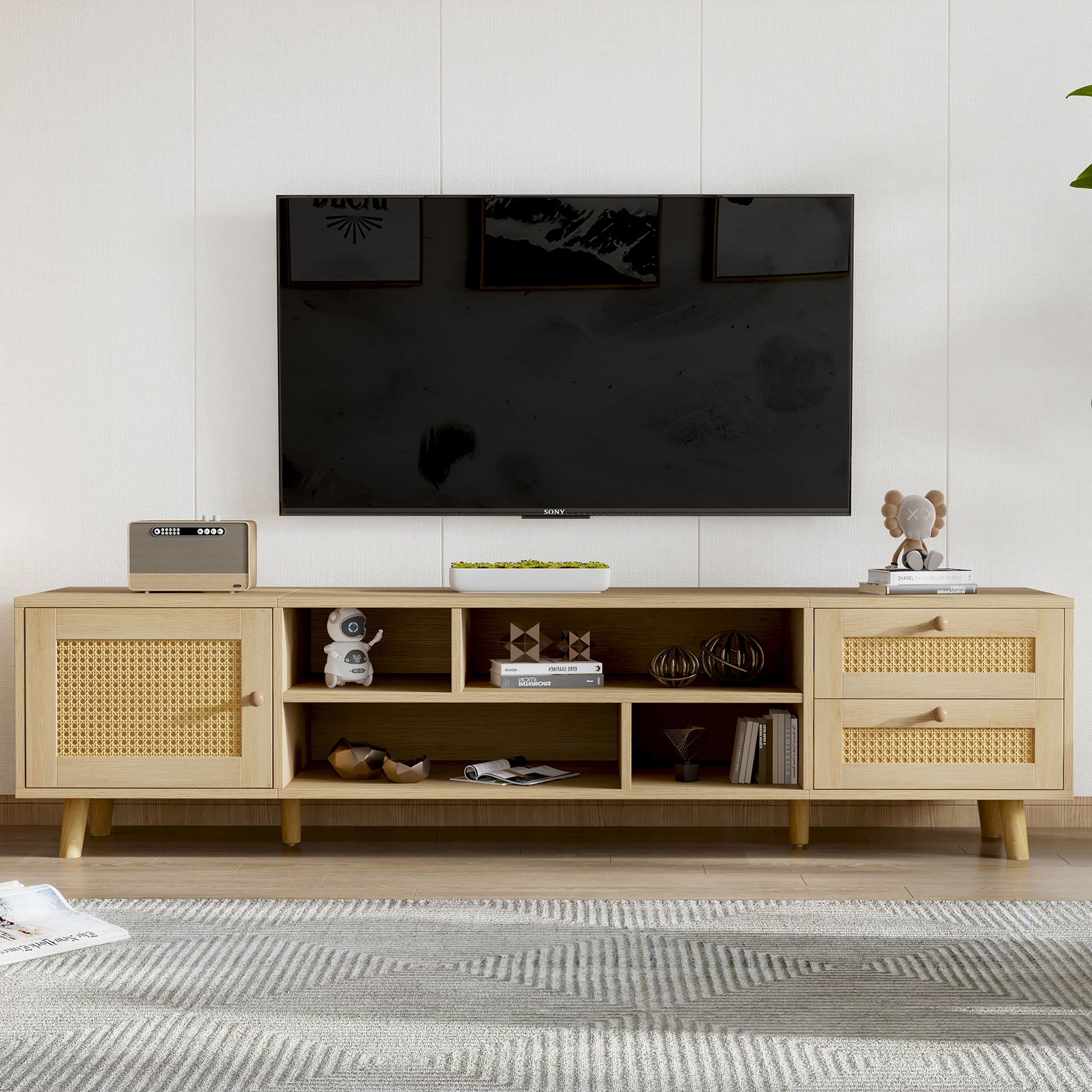 Meuble TV, Banc TV 160 cm avec 2 tiroirs, 1 porte & 4 compartiments, Pour les TV jusqu'à 70