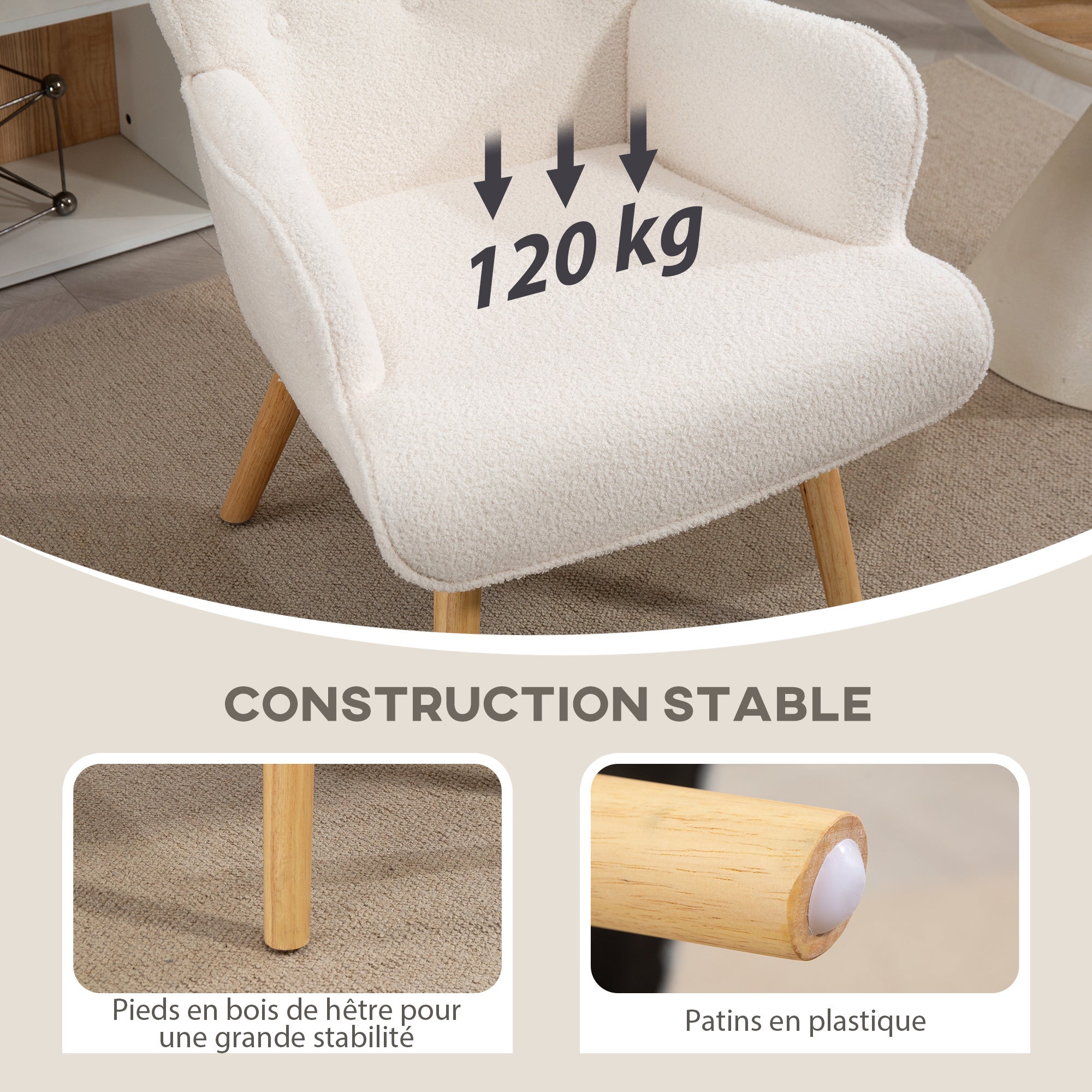 Fauteuil de salon en tissu bouclé, capitonné et rembourré, pieds en bois, 71 x 74 x 96 cm, beige - 7