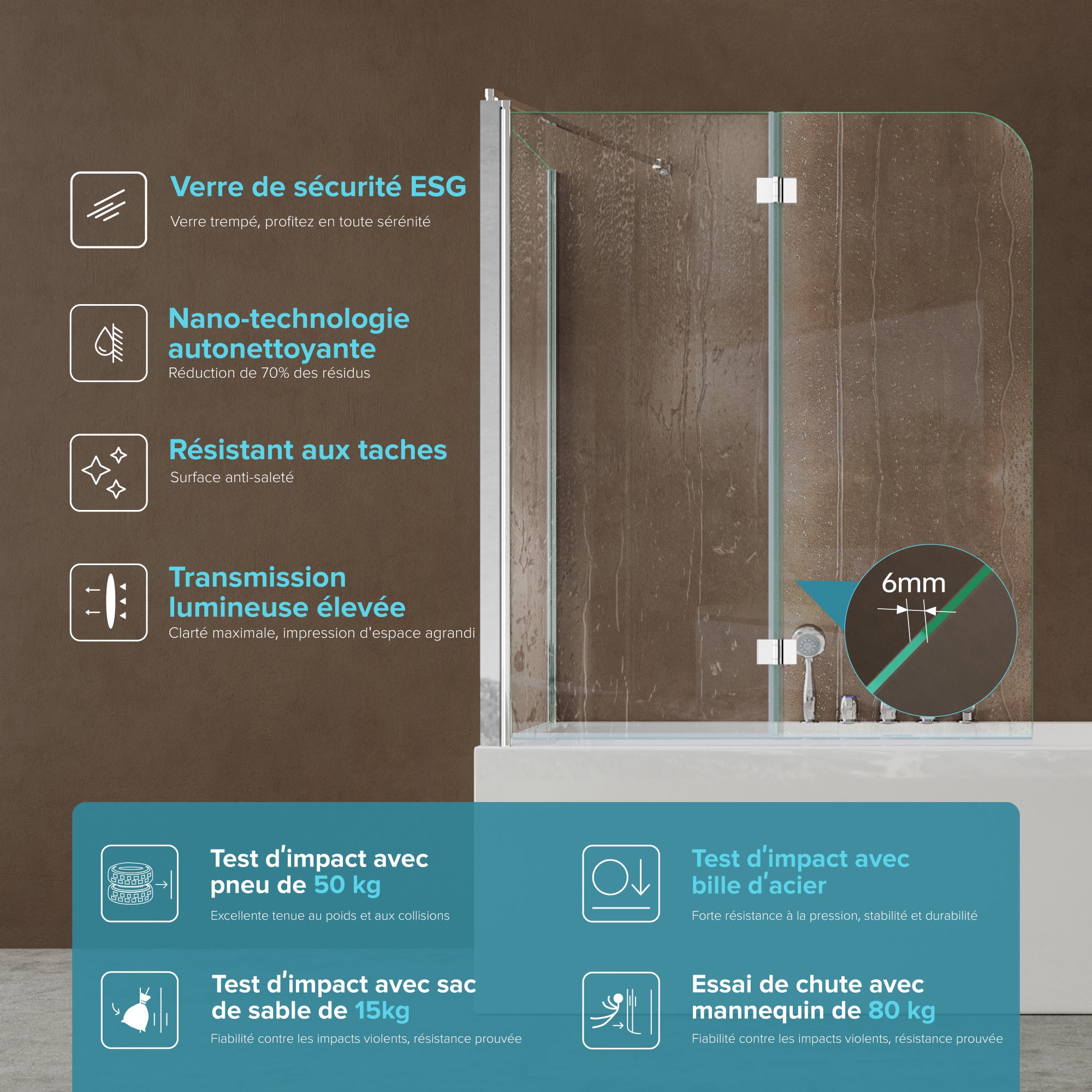 doporro Paroi de Baignoire 70x120x140cm Pare Baignoire Fixe Plus 2 Volets Montage Réversible Verre Trempé Transparent 6mm Cortona113 - 5