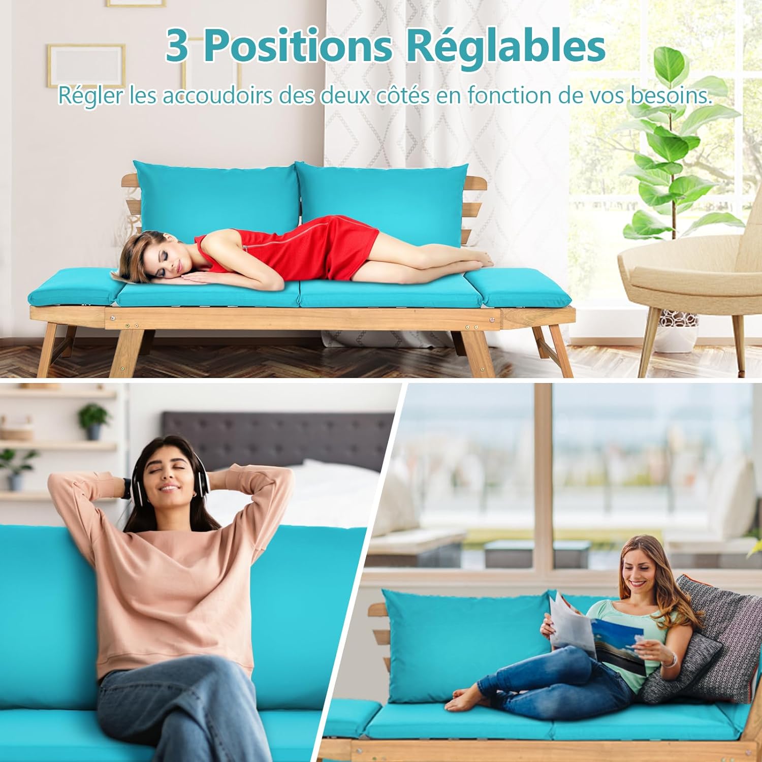 3 en 1 Canapé Lit de Jardin Extensible 2 Places Bois Acacia FSC Charge 320 KG-Accoudoirs Réglables/Coussins/Dossier Amovibles Turquois - 8