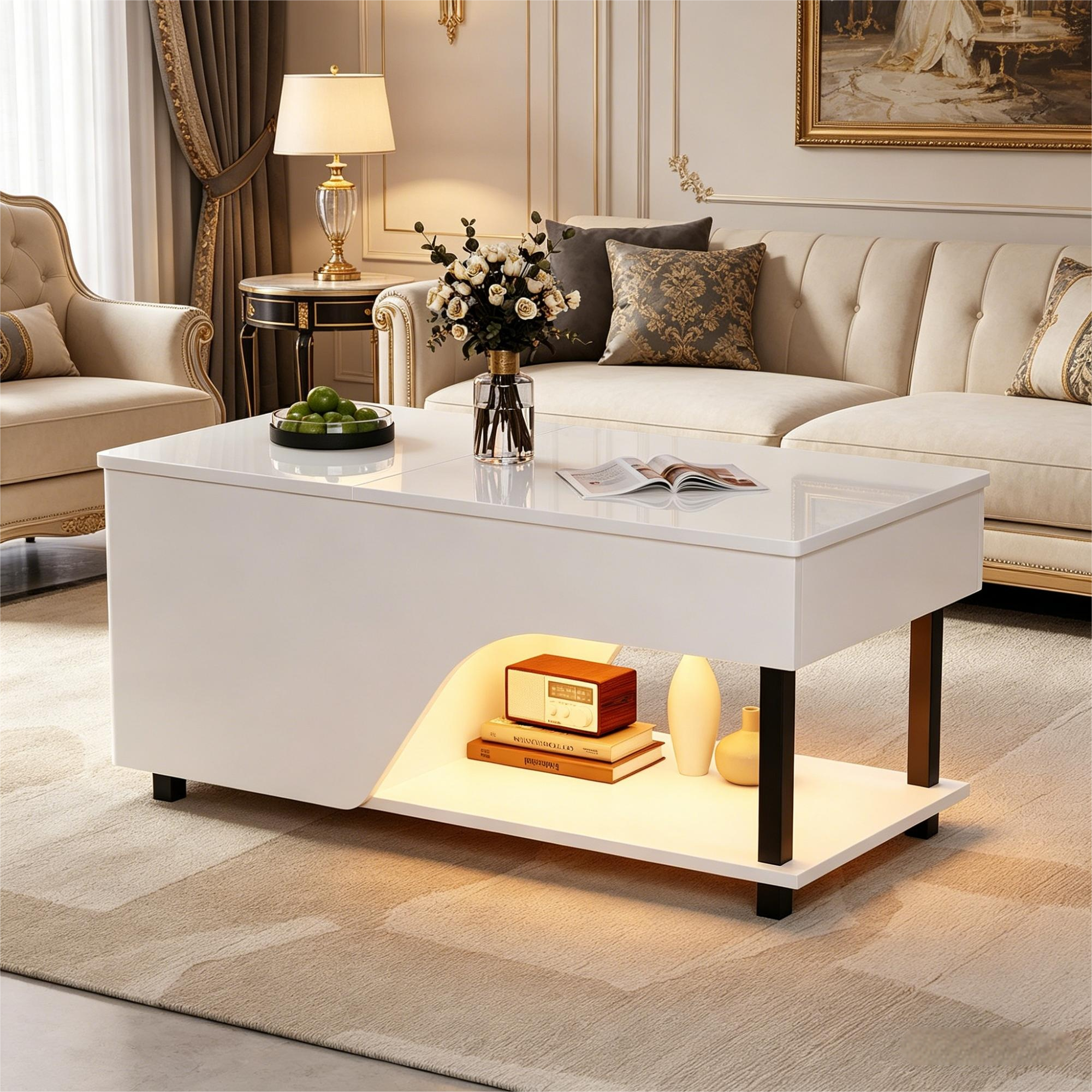 Table Basse Relevable Blanche avec Rangement Caché, LED USB et Plateau ...