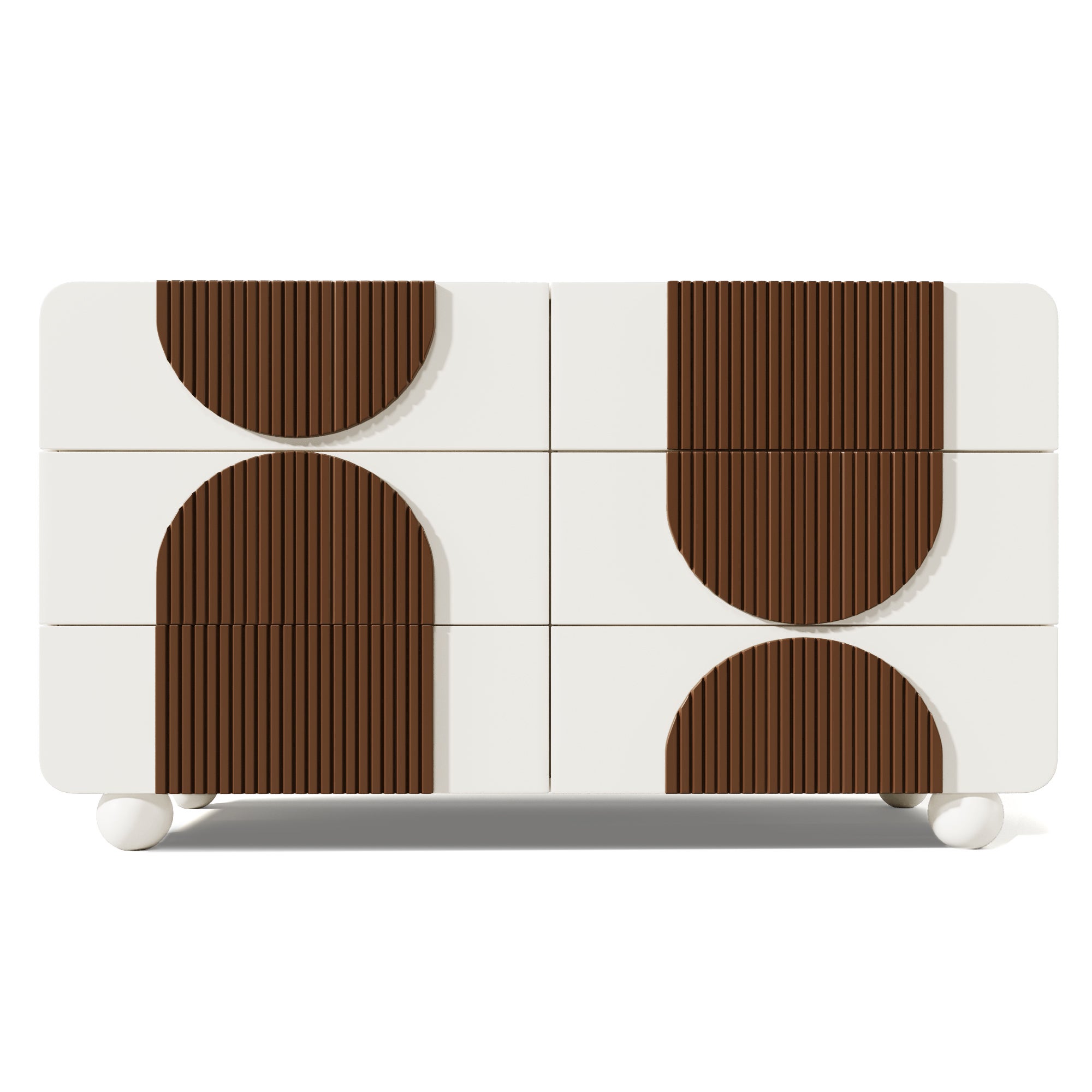 Buffet moderne 121x41x71cm - avec 6 tiroirs coulissants silencieux - conception géométrique - avec des lattes en bois marron chocolat - Blanc + Marron - 8