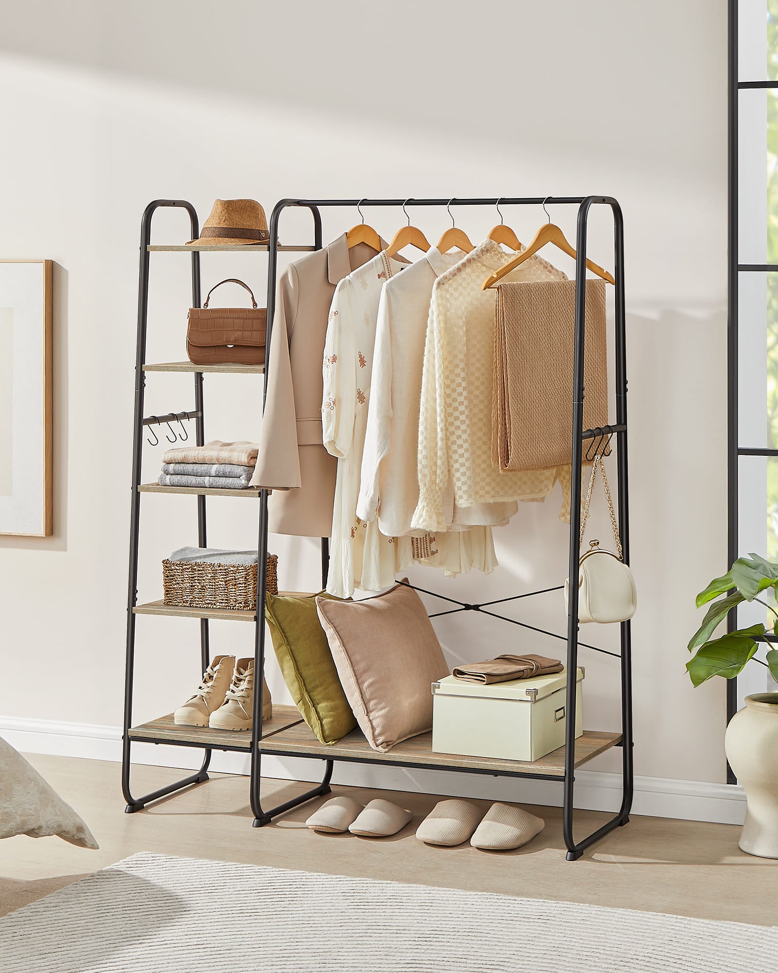 Porte-manteau sur Pieds avec 5 Étagèress de Rangement, 6 Crochets, pour Chambre, Salon, Couloir, Style Industriel, Marron Turquoise et Noir Mat - 2