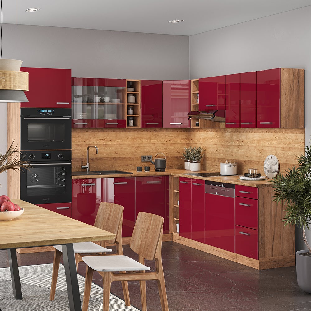 Vicco Cuisine en angle R-Line, Rouge brillant/Chêne de force doré, 247 x 237 cm, PT Chêne - 6