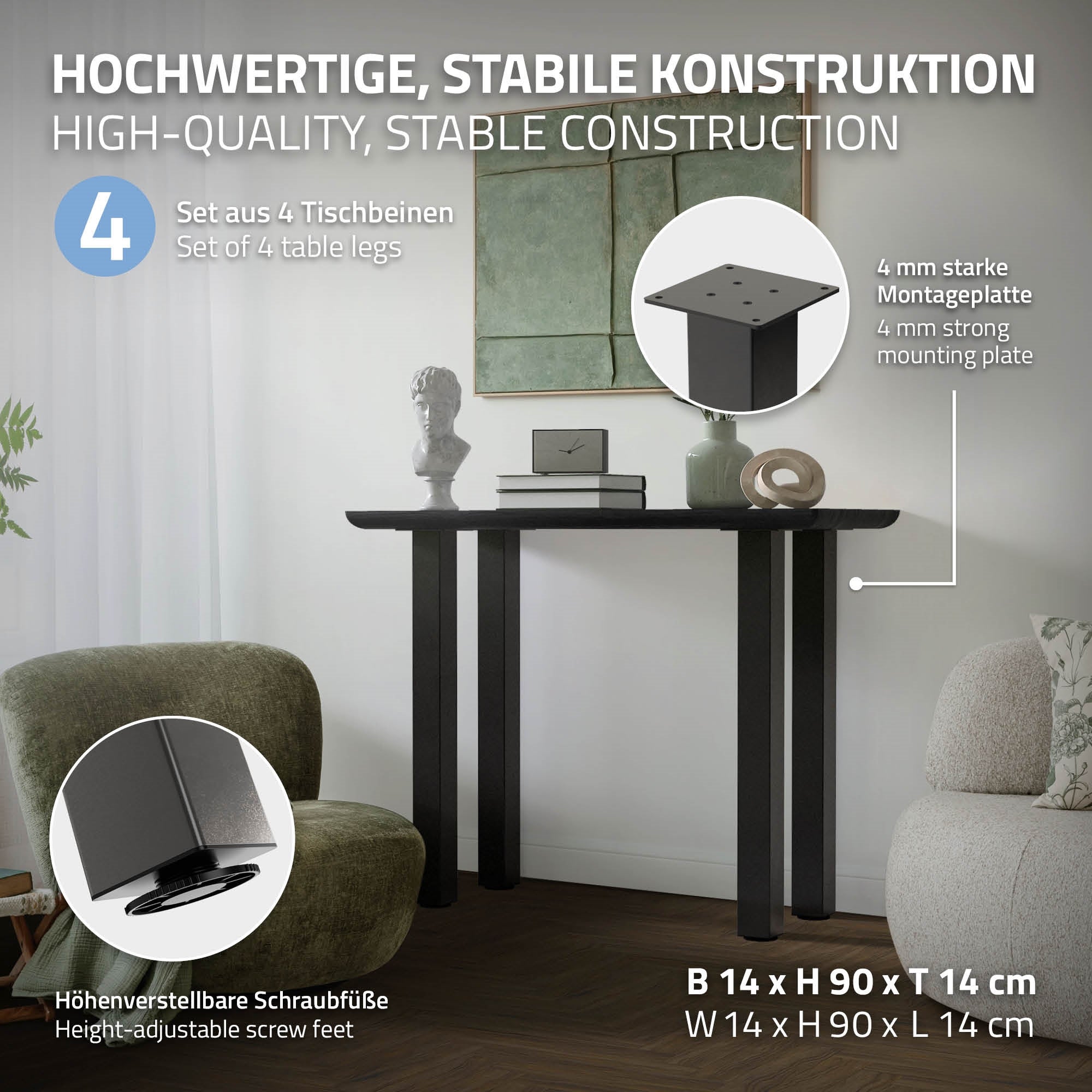 ML-Design 4 Patas Mesa 90 Cm Gris Industrial - Acero 8x8cm, Regulables Altura 1-4cm, Carga 500kg