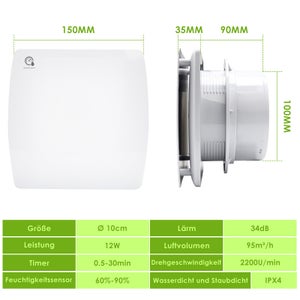 Ventilatore Da Bagno Con Sensore Di Umidità, Timer Da 100 Mm Ventilatore A Parete Wc Da Incasso 91276509 - Foto 10