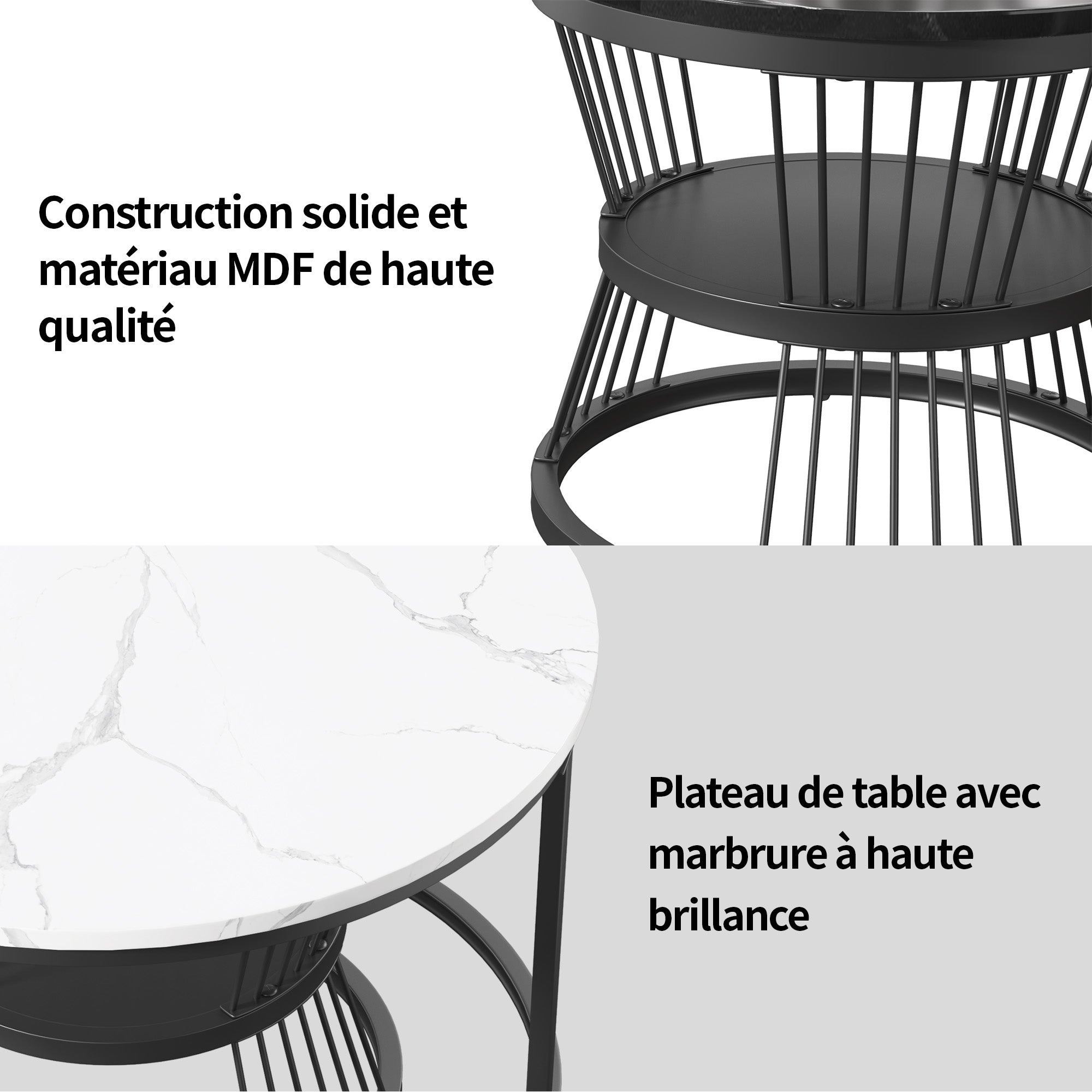 Ensemble de 2 Tables Basses Rondes, Tables Gigognes de Salon Modernes avec Pieds en Métal Doré, Noir et Blanc(70 x 45.5cm) - 7