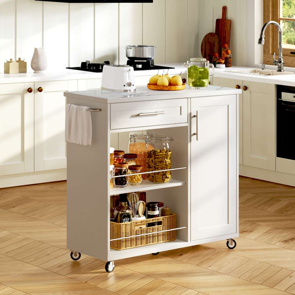 Carro cocina blanco encimera efecto mármol, cajón soft-close, armario, estantes, toallero – móvil y ahorra espacio
