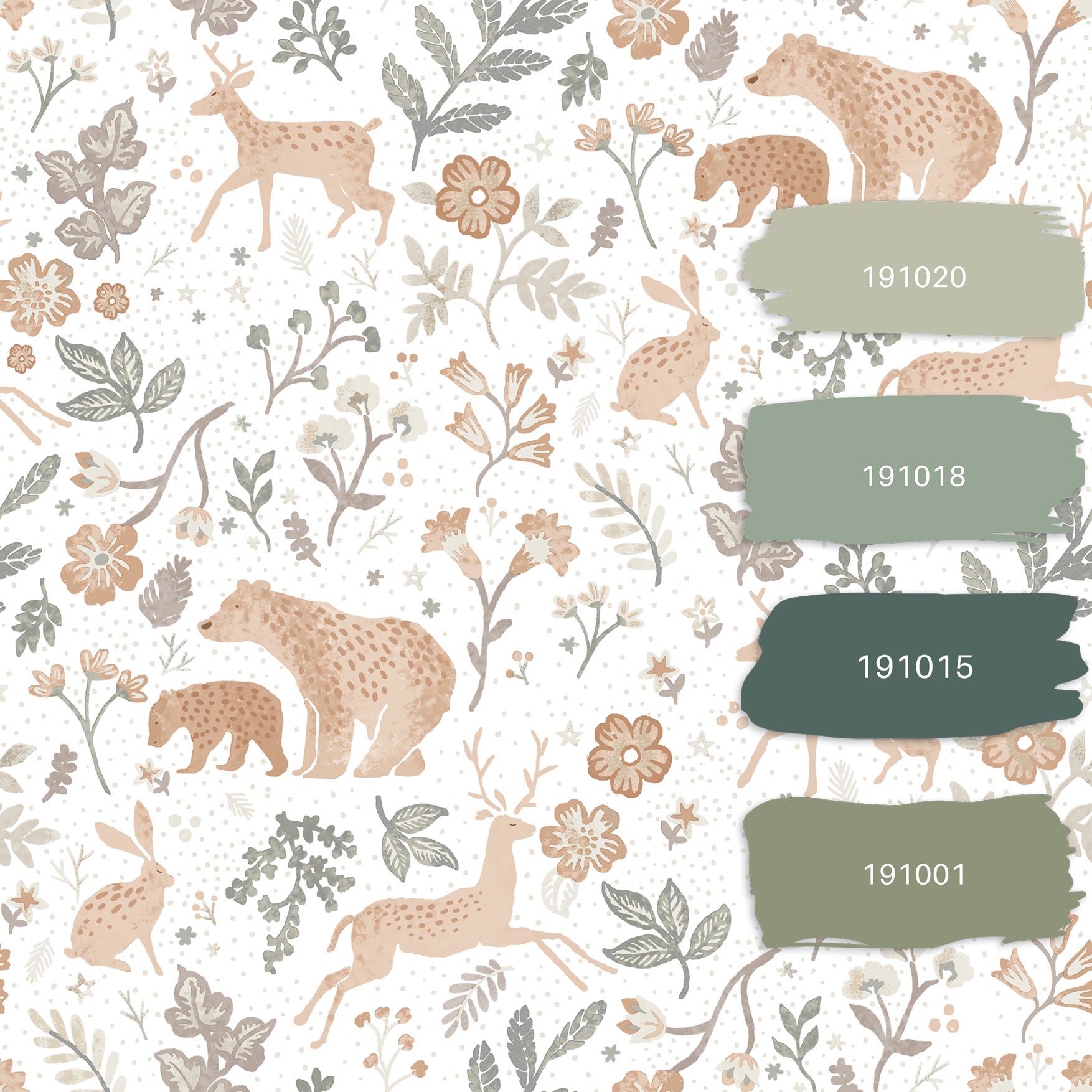 Papier peint forêt avec des animaux de la forêt vert grisé, beige et blanc - 53 cm x 10.05 m - ESTAhome - 8