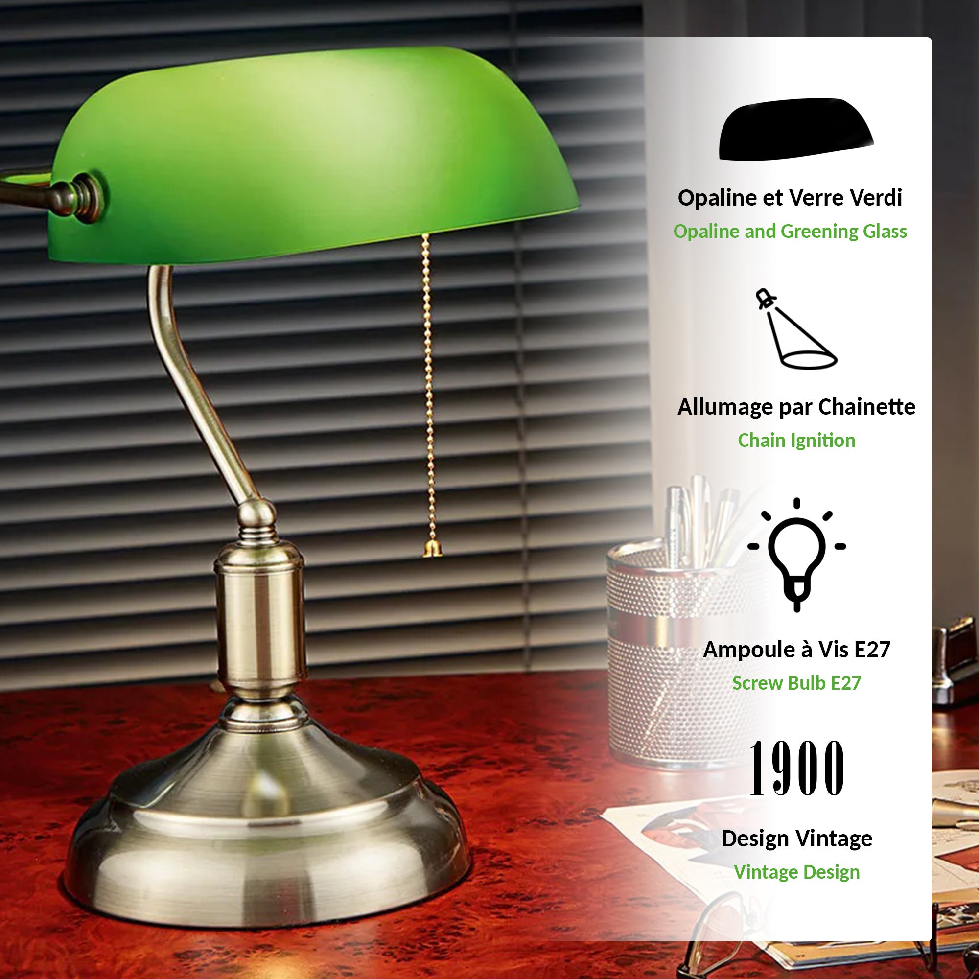 FISHTEC - Lampe banquier verte vintage - opaline inclinable - E27 60W - cuivre/laiton - chaînette - 38x26,5 cm - 3