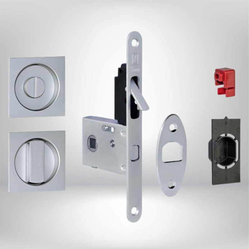 Serrure porte coulissante à crochet - Axe 50mm - Rosaces carrées condamnation + gache à condamnation - Bonaiti - 3