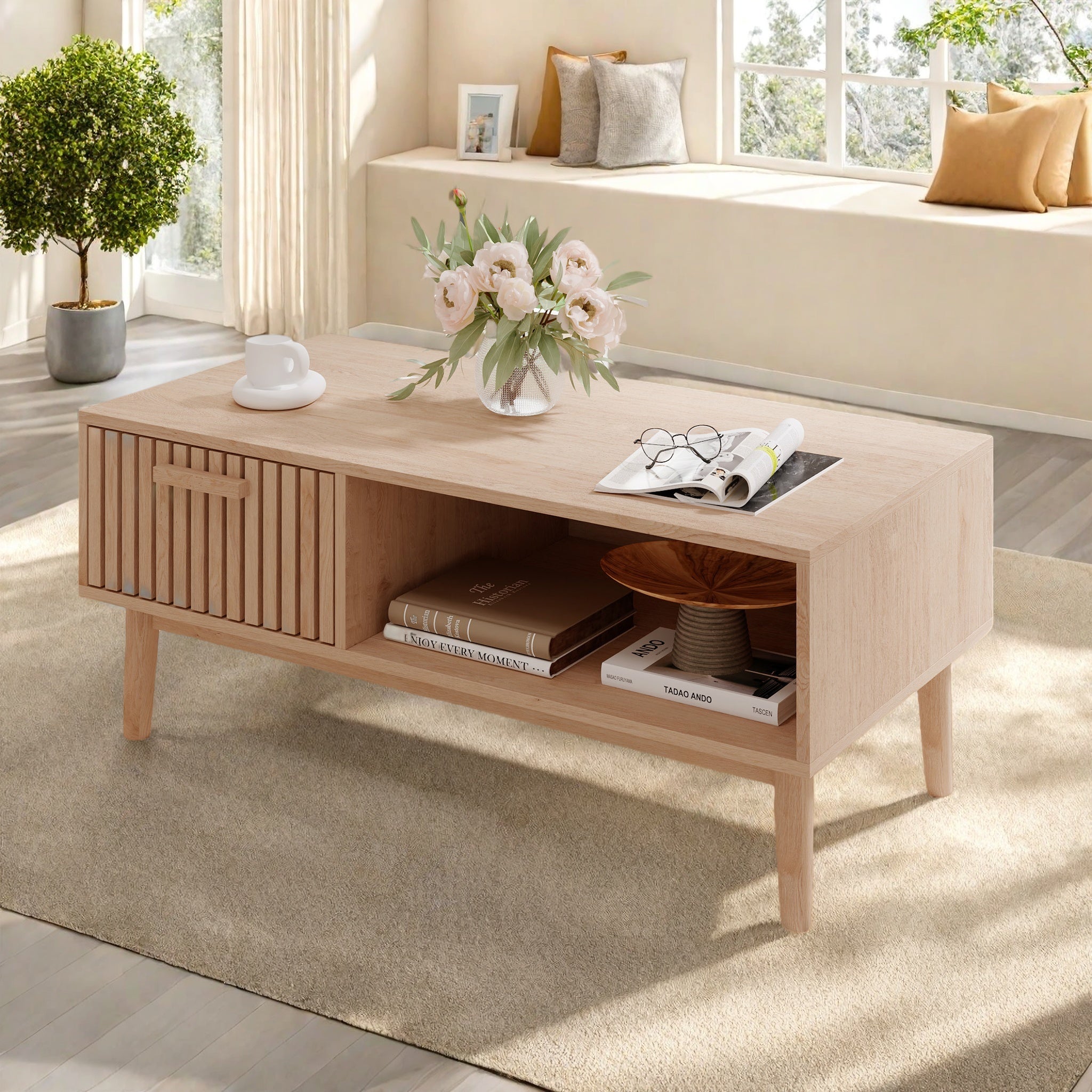 Table basse, pieds en bois massif, poignées en bois, structure en bois, table d'appoint, table basse en bois - 2