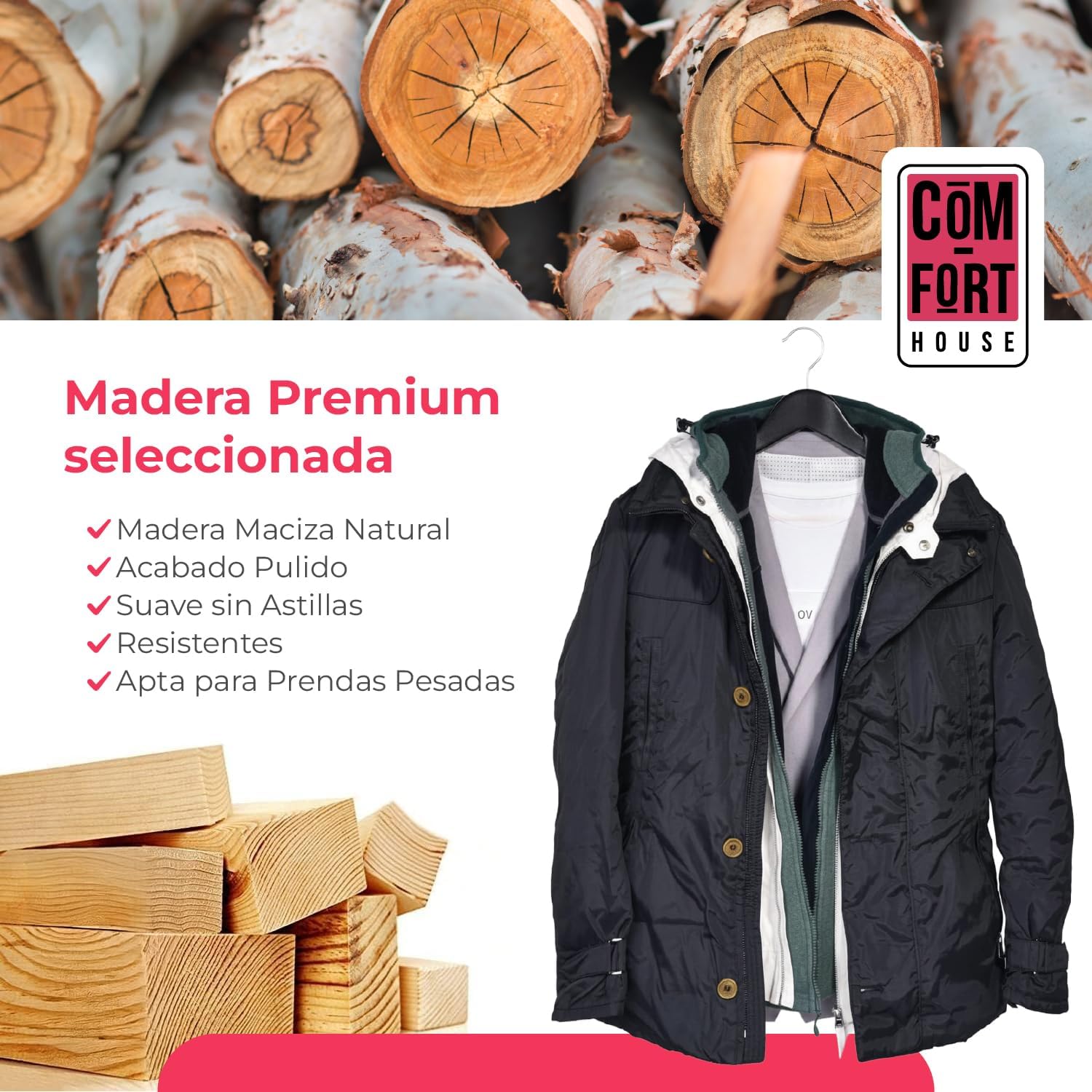 Pack de 40 Perchas de Madera Maciza color negro con Gancho Giratorio 360° y Muescas Antideslizantes - con Barra para Pantalones - Alta Resistencia - 6