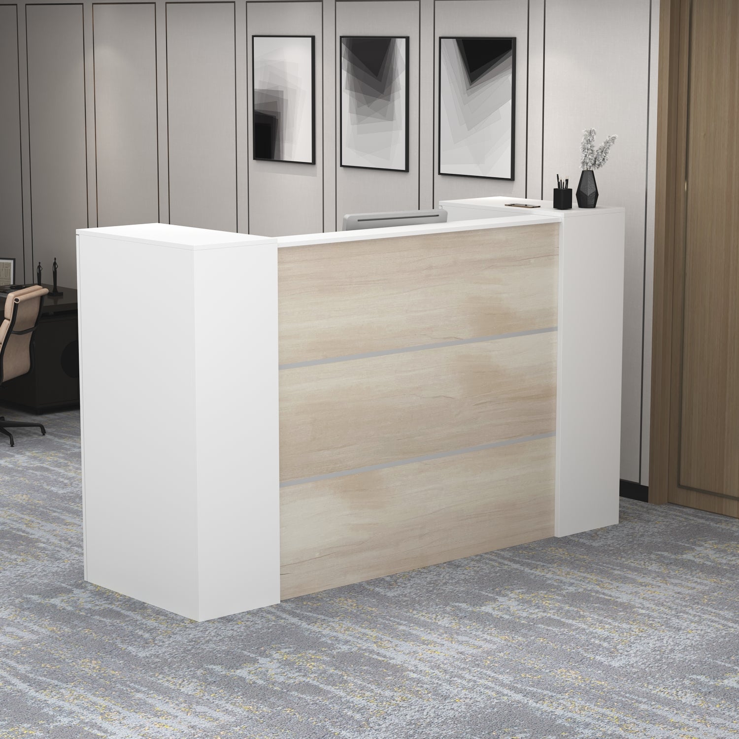 Bureau d’Accueil avec 2 Portes verrouillables, Comptoir de réception avec Compartiments, Salon et Bureau, 180x60x110cm, Naturel - 6