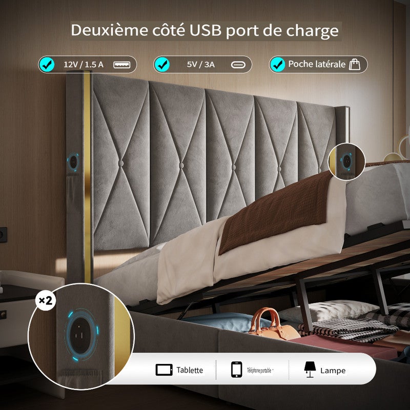 Lit 180x200 avec ports USB et éclairage LED,Lit double rembourré avec poches latérales,Lit coffre hydraulique,tissu velours,Gris foncé (Sans matelas) - 9
