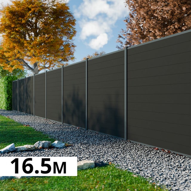 Kit Clôture Bois Composite Anthracite 16,5x1,8m RIO - Poteaux en Aluminium Gris - Brise Vue - Palissade