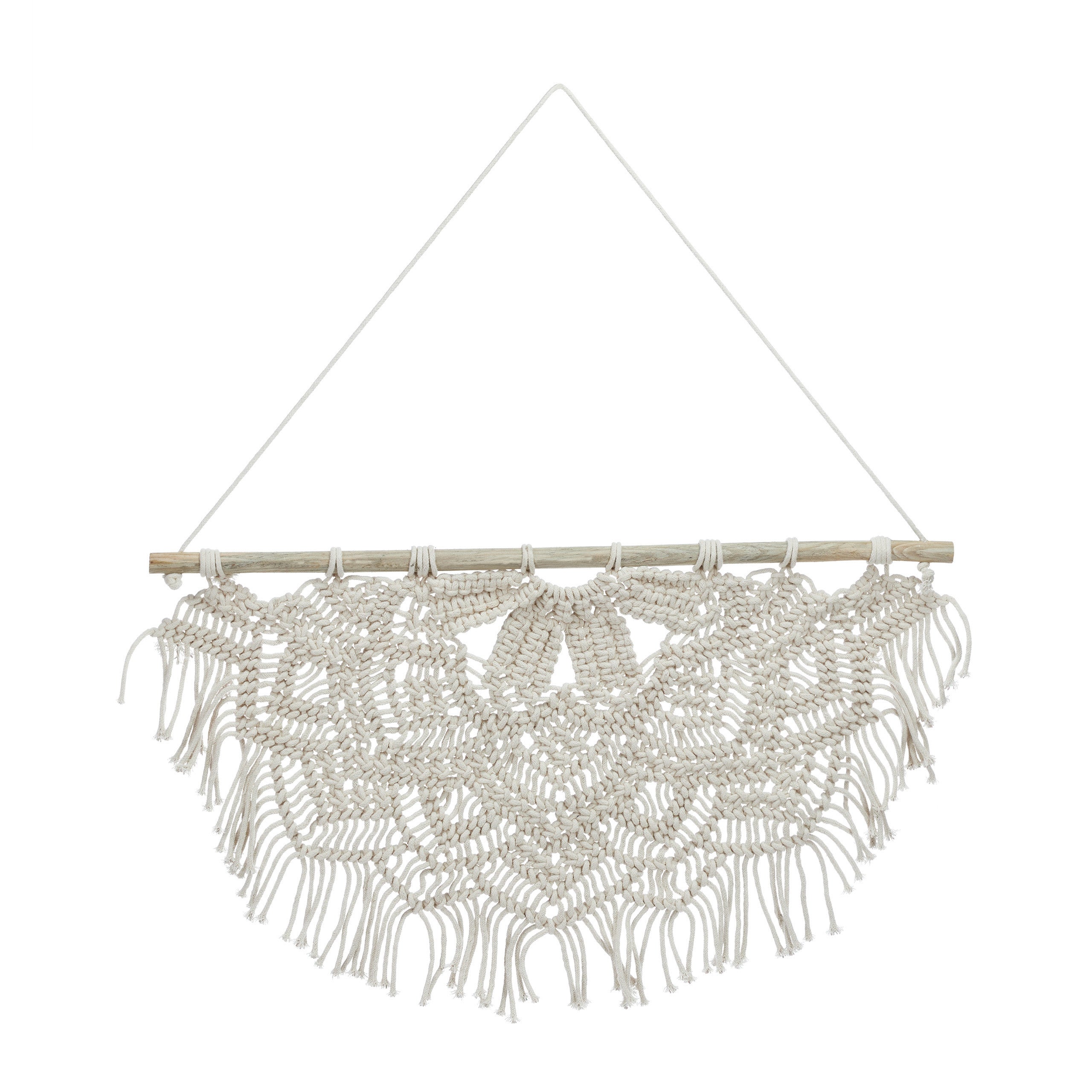 Relaxdays tapiz macramé pared semicircular, hecho a mano, adorno estilo boho, 65 x 60,5 cm, algodón y madera, crema