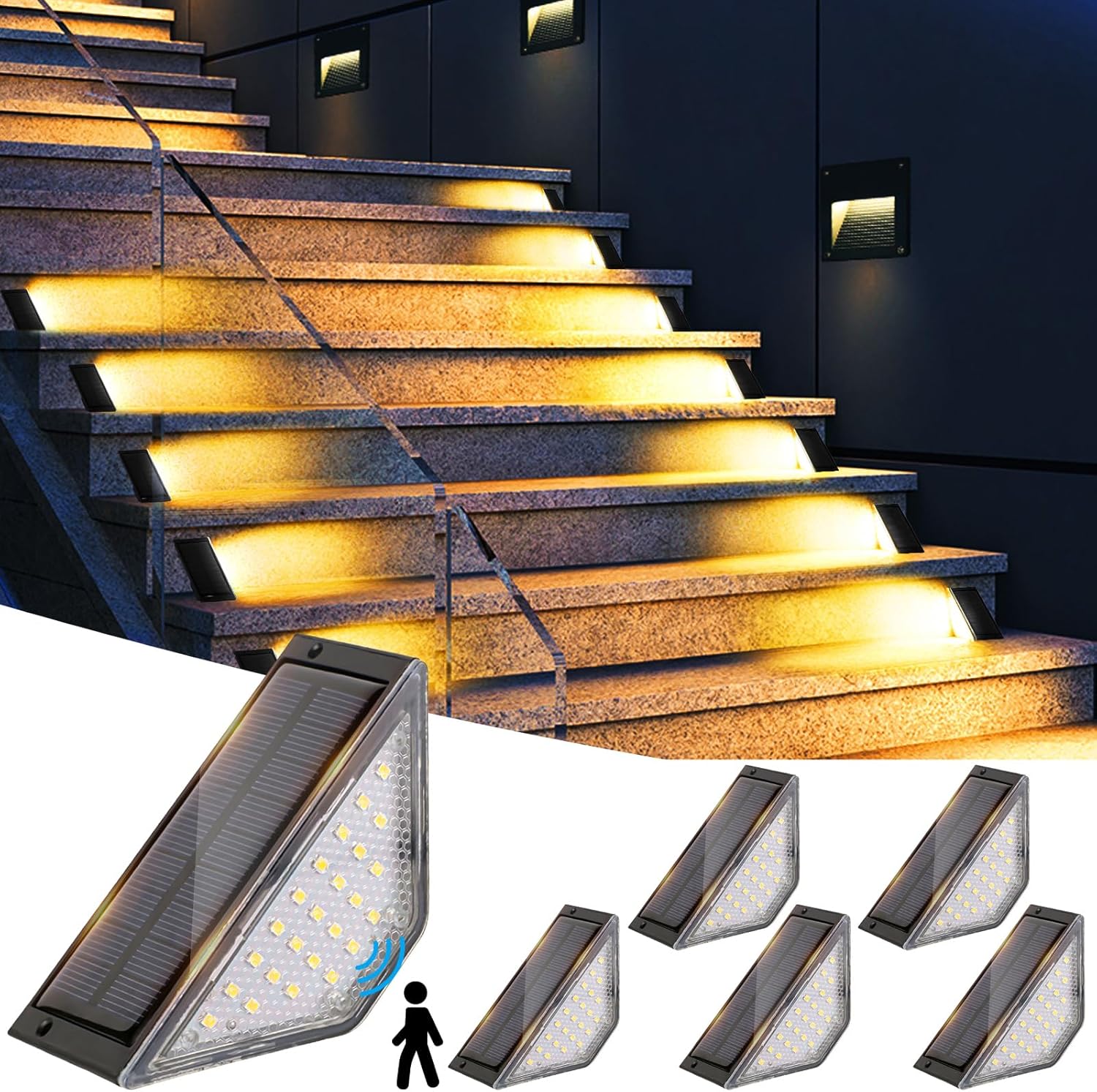 6 zewnętrznych lamp solarnych LED do schodów i tarasów, wodoodporne lampy solarne do ogrodu