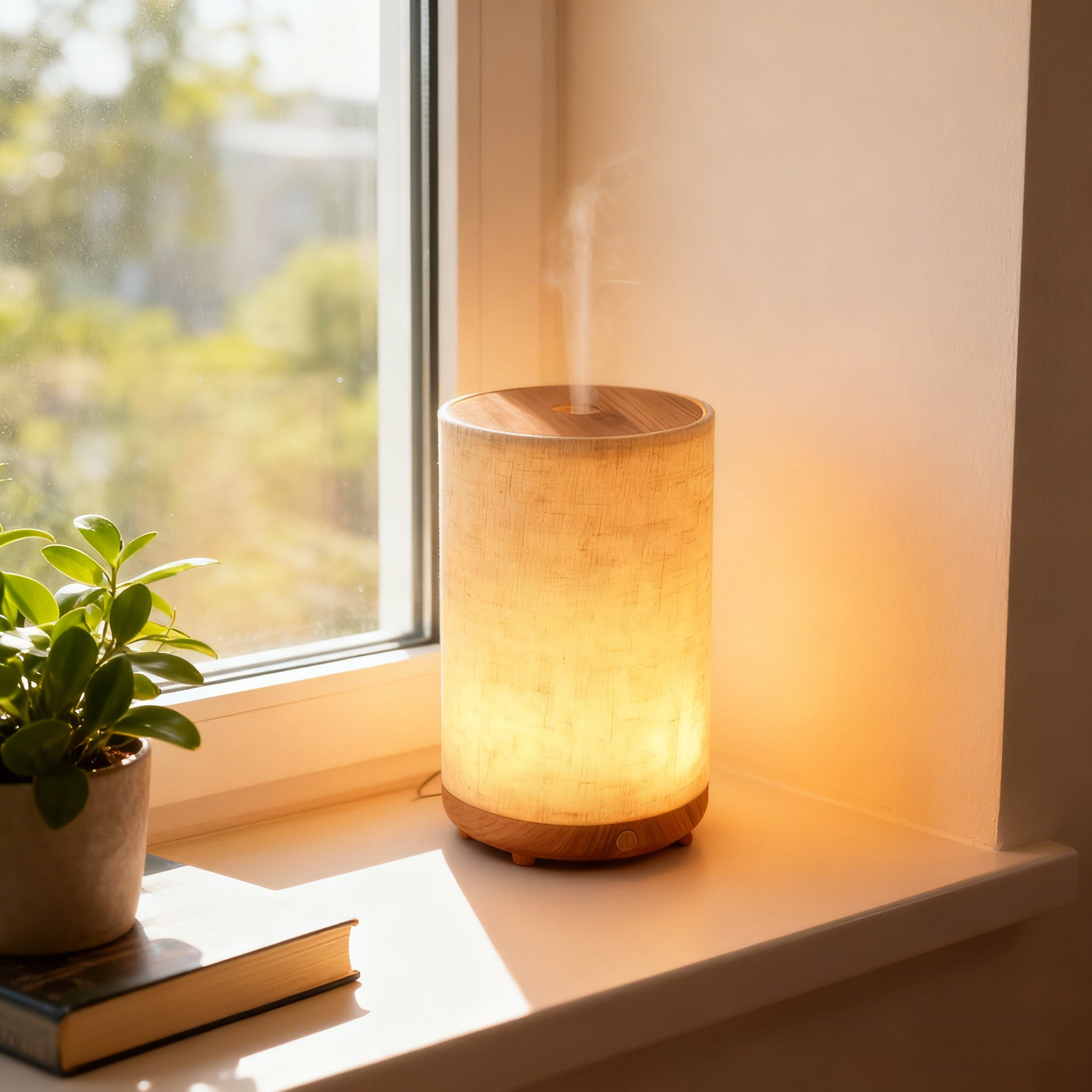 1pc Difusor Aromaterapia Ultrasónico 80ml, Luz Cálida, Diseño Madera & Tela, Niebla 4H Continua/8H Intermitente, Apagado Automático - 8