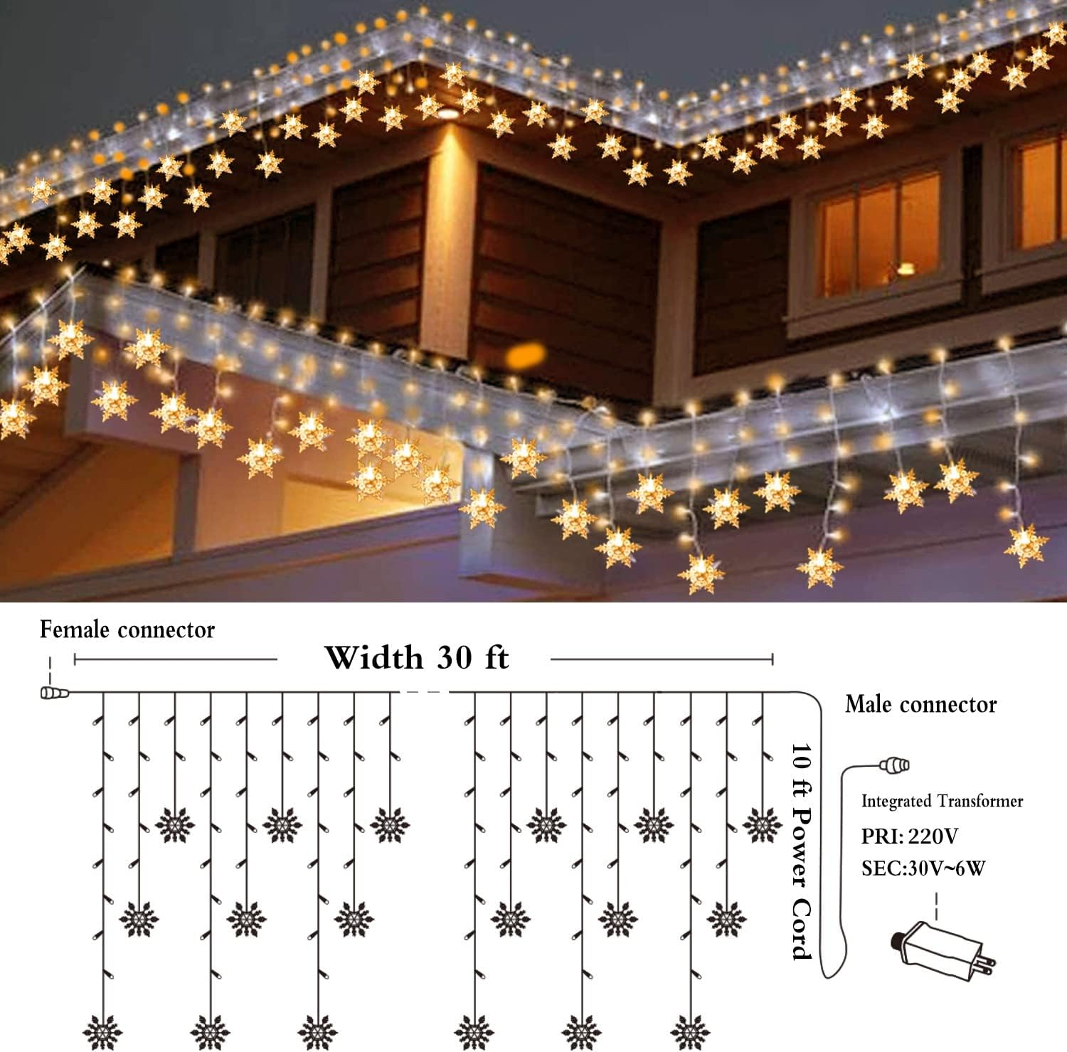 Guirlande lumineuse LED rideau, 9 m, 360 LED, étanche IP44, avec 8 modes d'éclairage, télécommande, décoration de Noël intérieure/extérieure - 6