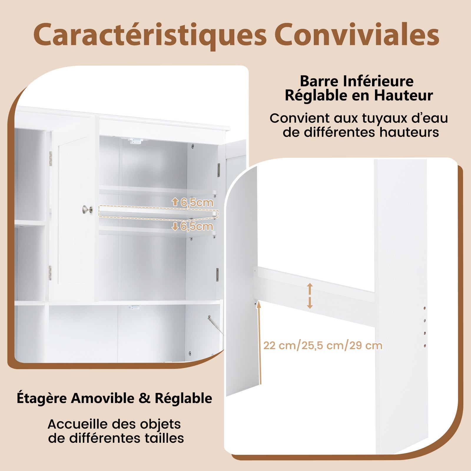 Mobiletto Spora WC 80 x 21 x 165 cm, Scaffale Lavatrice con 2 Ante, Ripiano Regolabile, Barra Inferiore e Porta Carta Igienica, Mobile Portabiancheria - 7