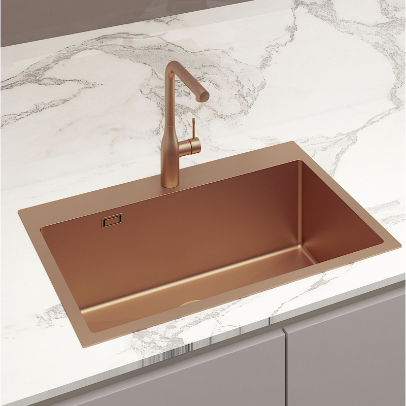 Swiss Aqua Technologies Aurum Évier de cuisine encastrable inox 304, 1 bac, 68x45x21 cm, Cuivre brossé PVD - 2