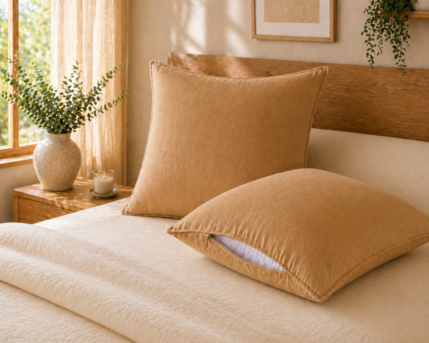 Lot de 2 taies d’oreiller 63 x 63 cm Lyocell uni – LYSANDRE Camel ...