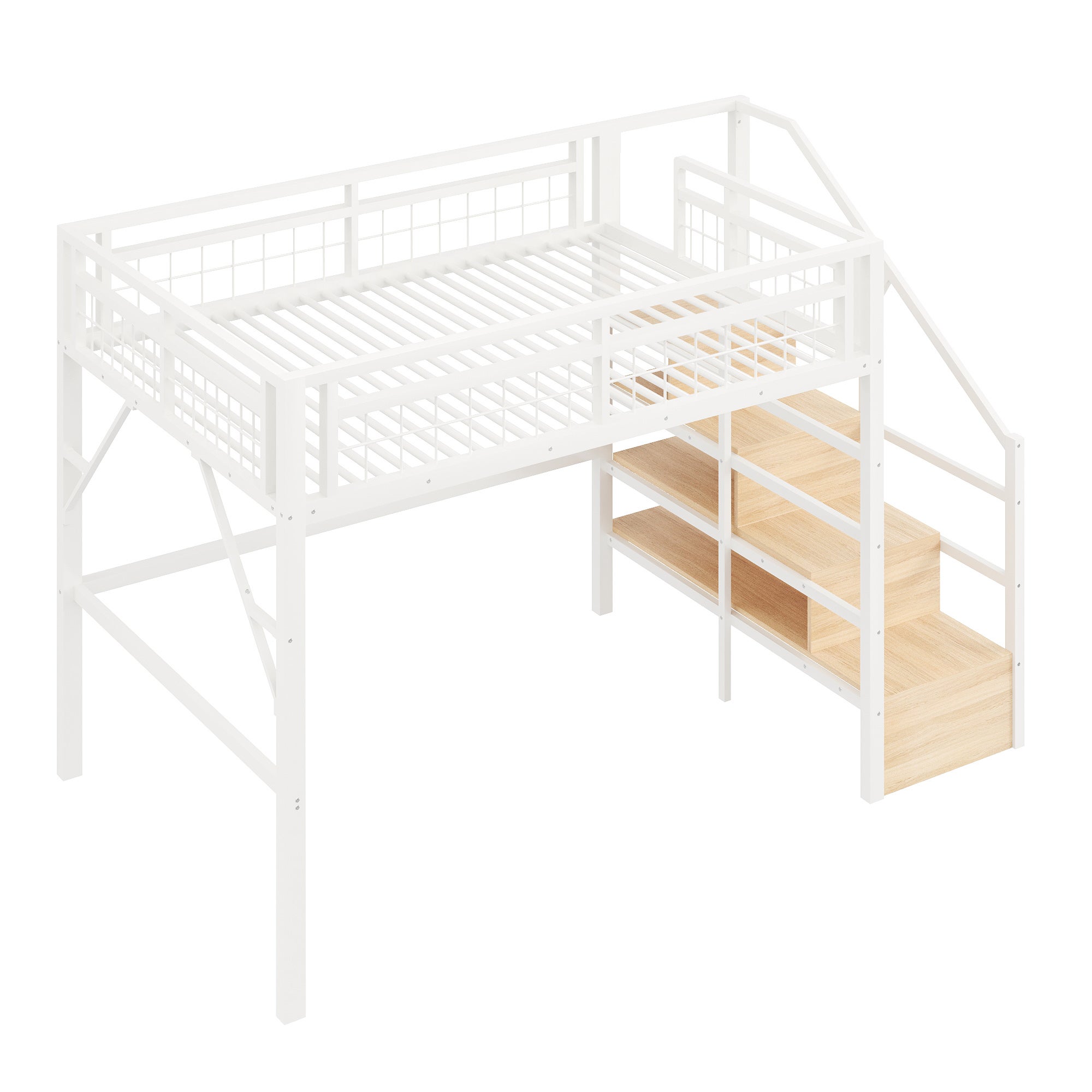 Lit Mezzanine 140x200cm avec LED, Escalier de Rangement, Lit superposé enfant avec Espace Libre Aménageable en Dessous, Cader Métal Blanc,sans Matelas - 6