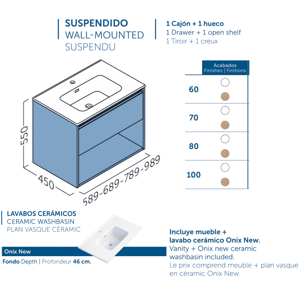 Móveis de casa de banho suspensos com lavatório de cerâmica | 1 Gaveta & 1 Slot | 60 cm Branco brilhante - 6
