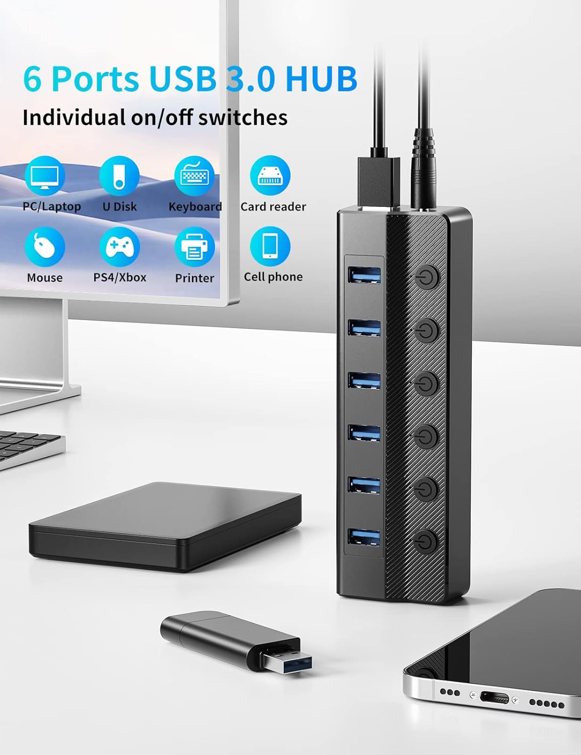 6-portowy koncentrator USB 3.0, rozdzielacz USB do laptopa z osobnymi przełącznikami włączania/wyłączania i lampkami kontrolnymi, kabel 90 cm, Prolo - 2