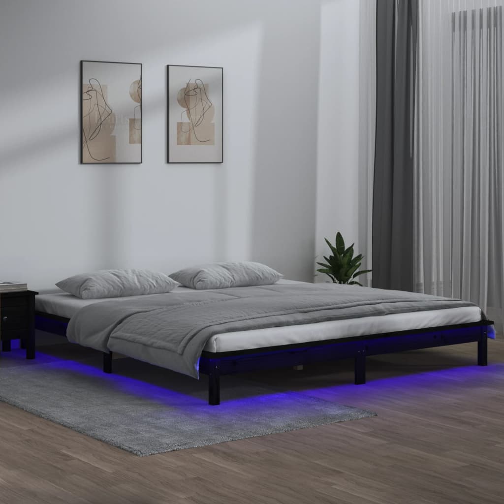 Łóżko Drewniane Czarne Rama Łóżka Ze Stelażem Drewniana Łóżko Do Sypialni Pokoju LED 200x200 cm