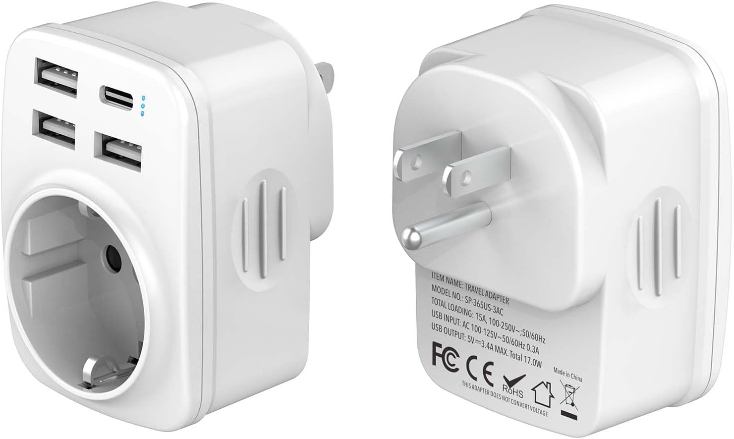 Adapter Amerykański - 5 w 1 Adapter Francuski Gniazdko Amerykańskie, 3 USB A i 1 USB C Adapter Gniazdka USA, do Stanów Zjednoczonych, Kanady, Meksyku