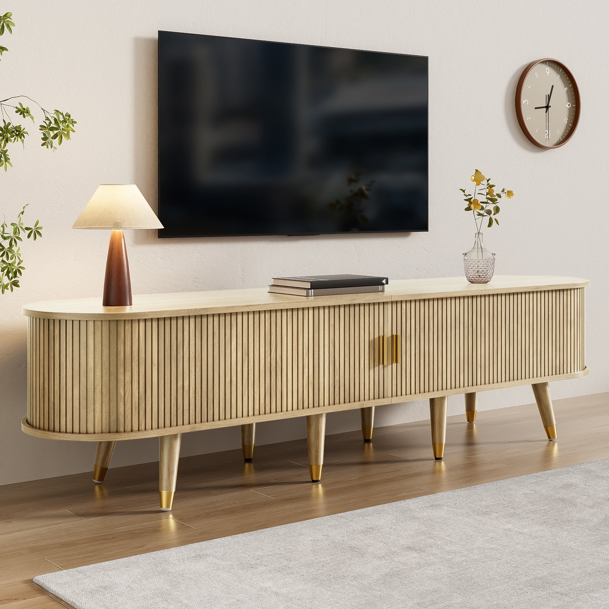 Stolik pod TV z 2 drzwiami przesuwnymi i 2 szufladami - 175 x 38 x 45 cm - MDF - Dąb - 7