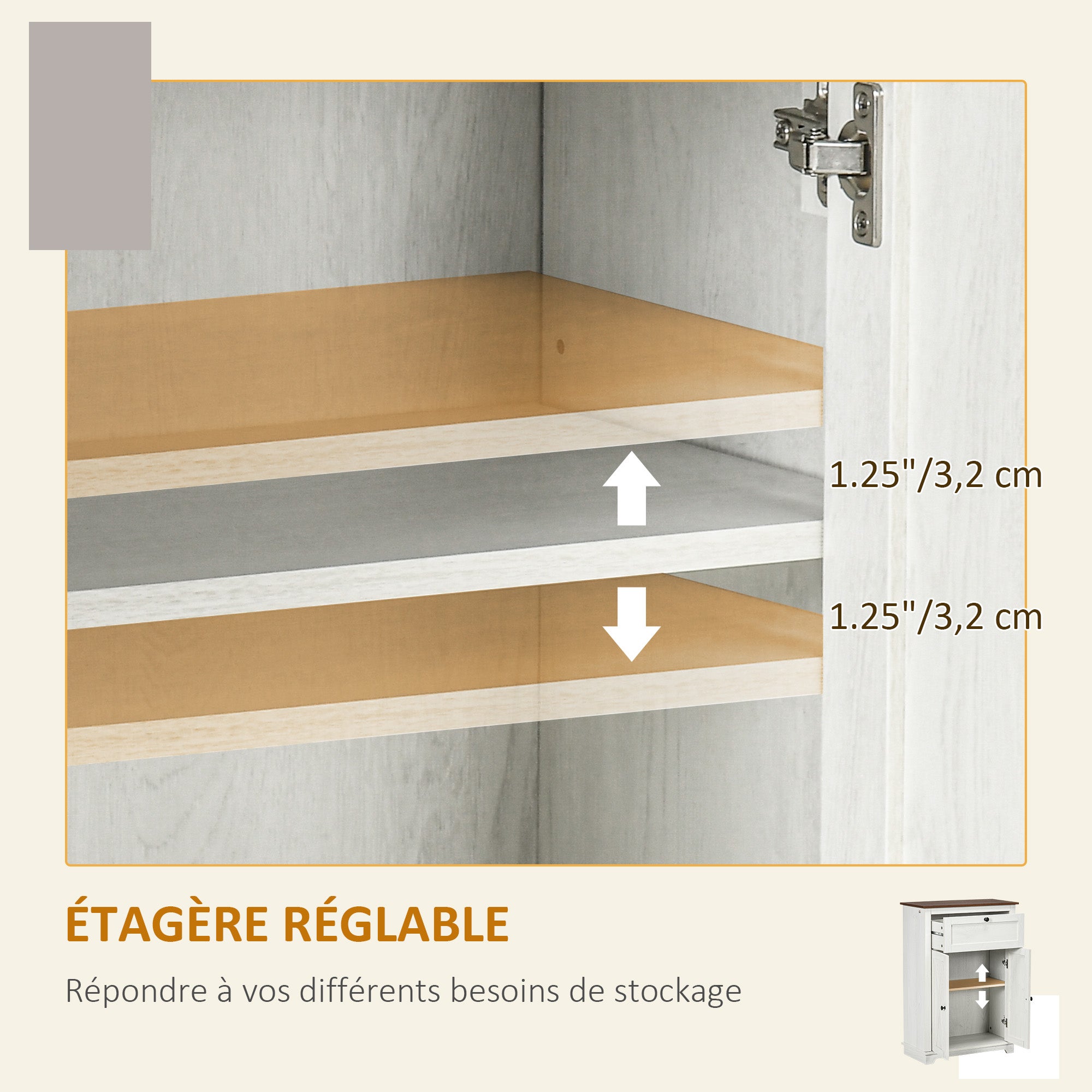 Meuble de rangement buffet multi-rangements 2 portes avec étagère réglable 1 tiroir,dim. 60Lx30Px87,5Hcm - 7