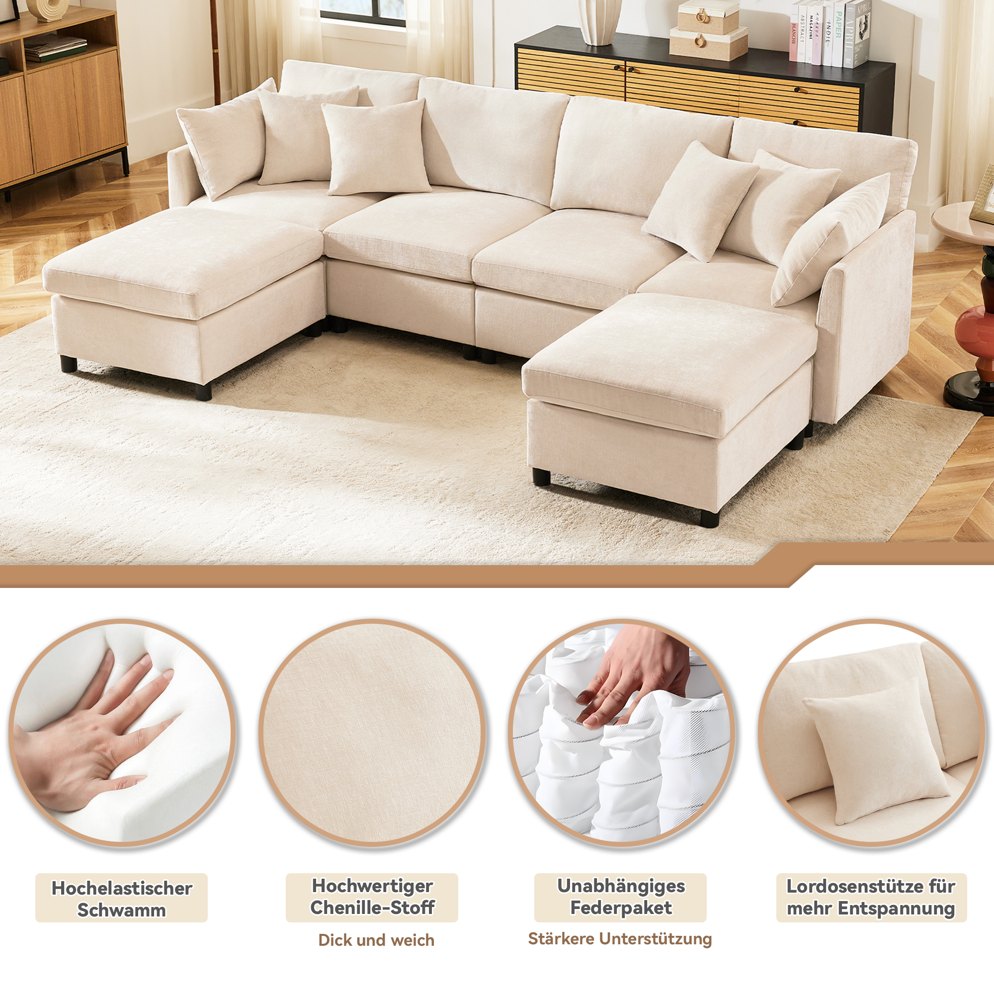 Canapé d'angle 4 places moderne avec repose-pieds - 278 x 161 x 81 cm - Tissu en chenille - Beige - 7