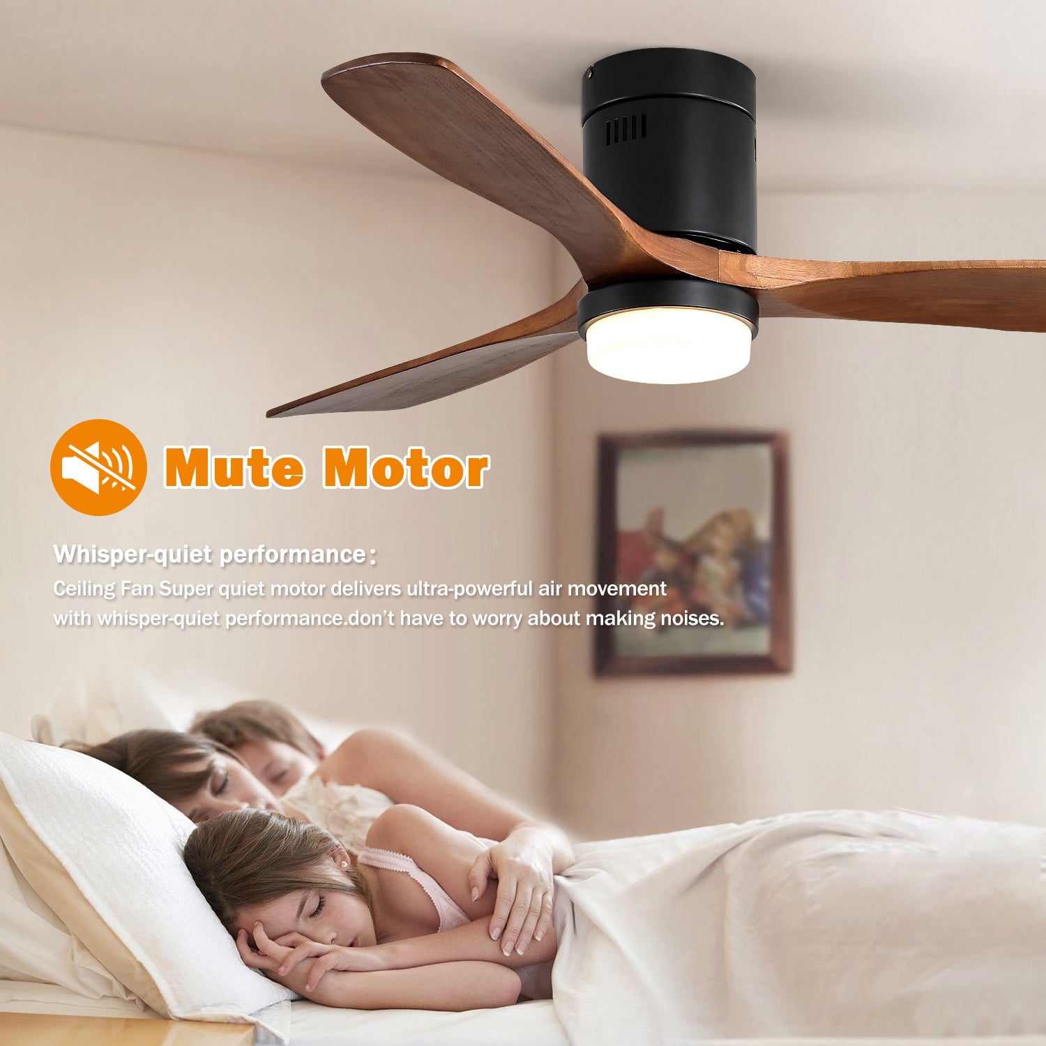Ventilateur de Plafond Décoratif 52 Pouces avec Lumière LED 18W, 6 Vitesses, Moteur DC Réversible, 3 Pales en Bois Massif pour Salon - 3