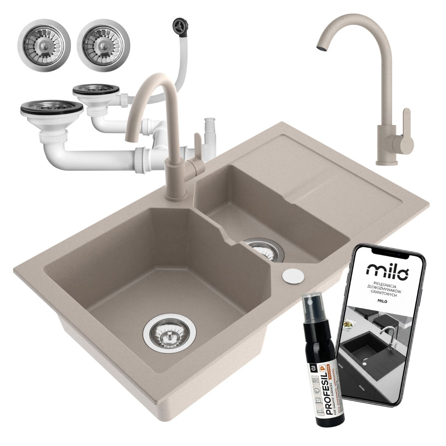 Zlewozmywak półtorakomorowy z ociekaczem Kenzo beżowy w zestawie z syfonem przyściennym i baterią Evo Select